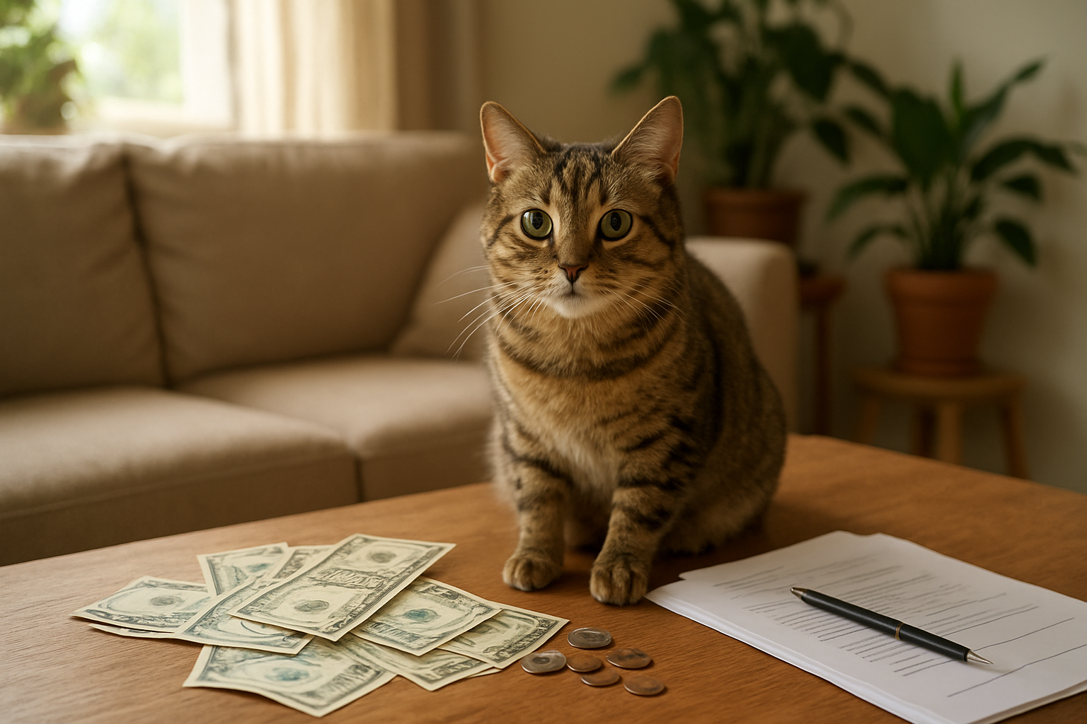 Create a realistic image of a cozy living room scene with a cute tabby cat sitting on a wooden table next to scattered dollar bills, coins, and adoption paperwork, with a comfortable sofa and houseplants in the soft natural lighting background, conveying a warm and welcoming atmosphere about pet adoption costs, absolutely NO text should be in the scene.