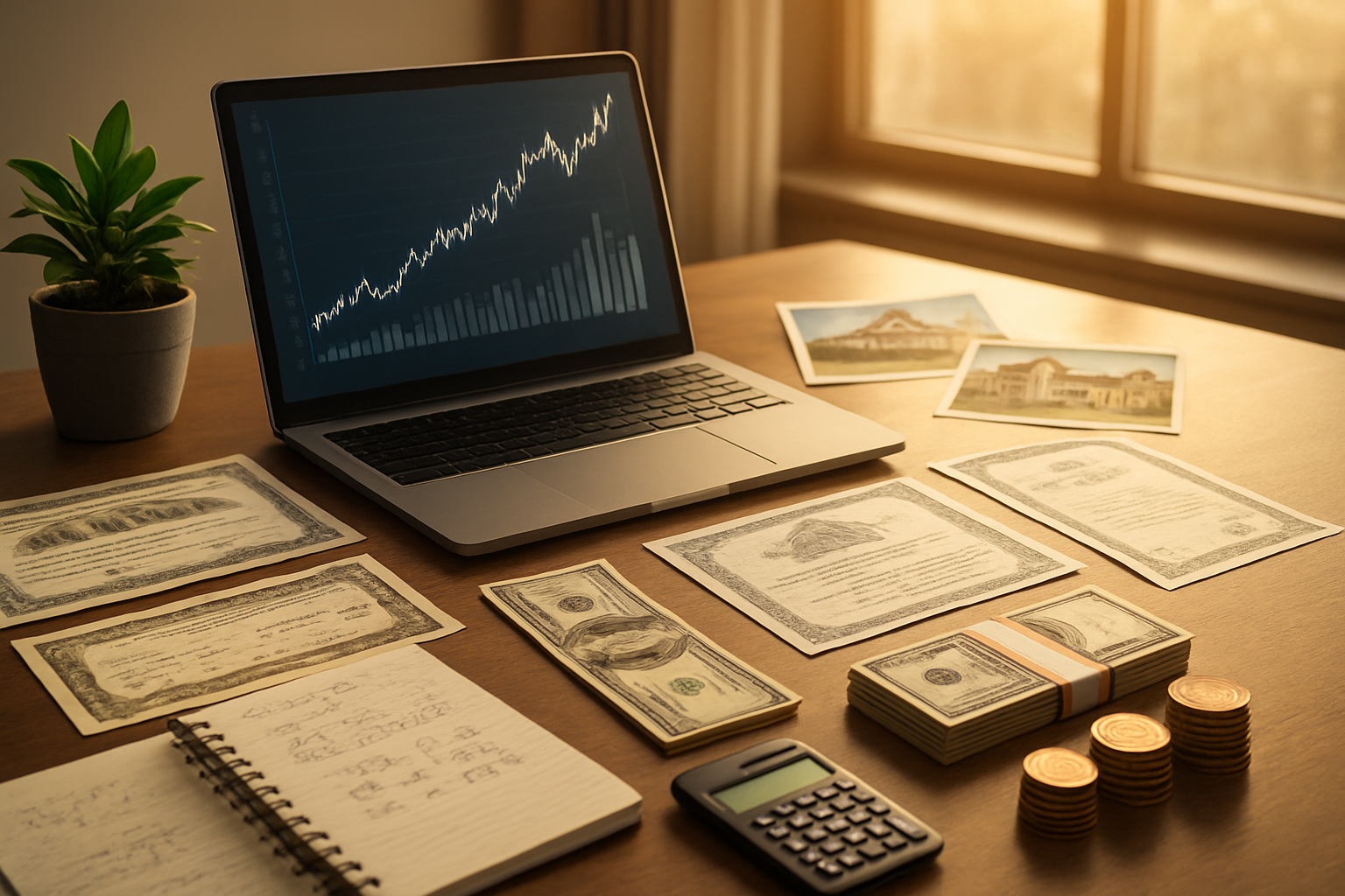 Create a realistic image of a sophisticated financial workspace featuring multiple passive income streams represented by visual elements: a sleek laptop displaying upward trending investment charts and graphs, scattered around are dividend stock certificates, real estate property photos, and bond documents, a calculator and financial planning notebooks with investment calculations, stacks of coins and dollar bills arranged neatly, a potted plant symbolizing growth, modern office setting with clean desk surface, warm natural lighting from a window creating professional atmosphere, subtle golden hour lighting suggesting prosperity and success, absolutely NO text should be in the scene.