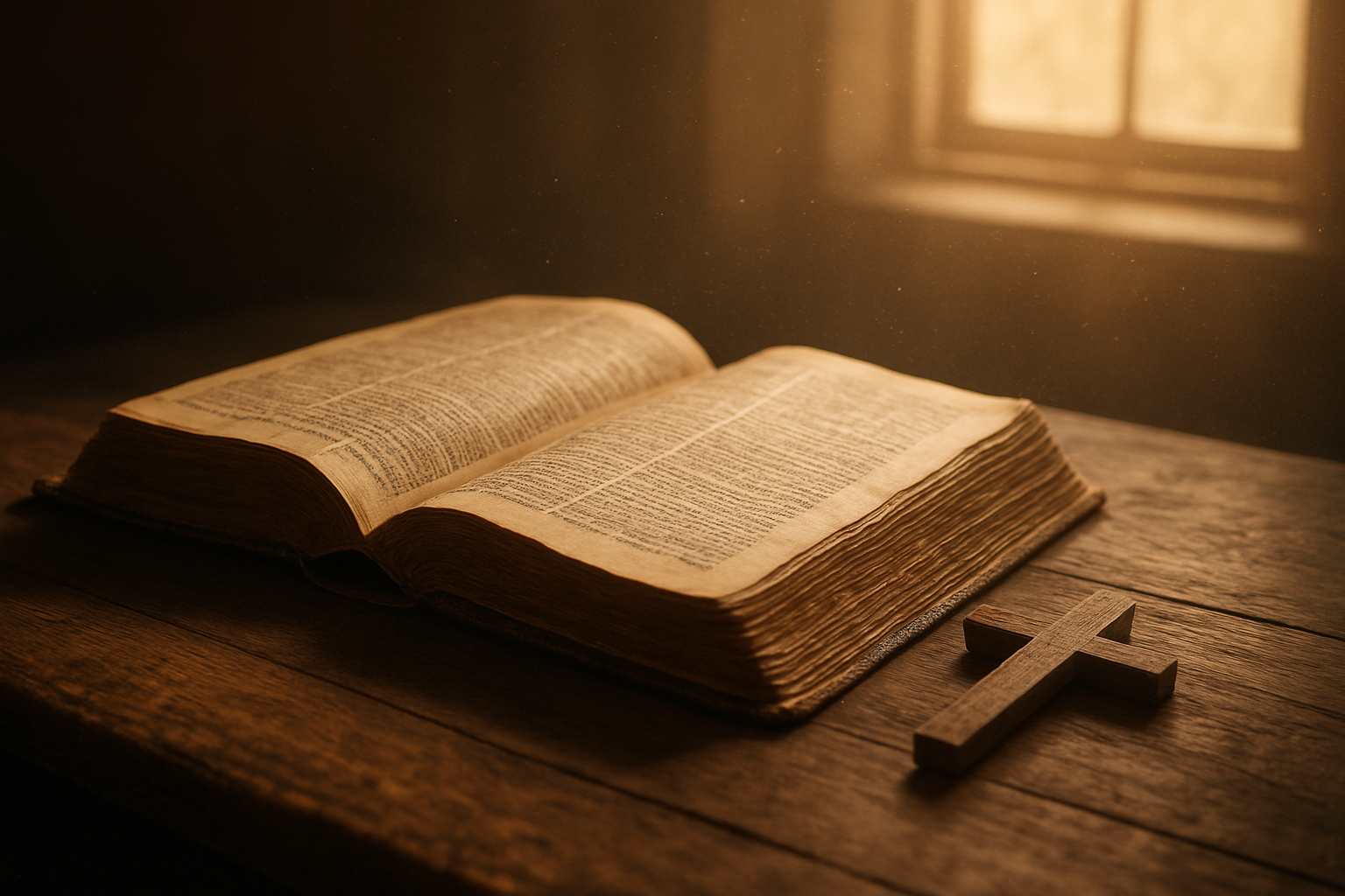 Create a realistic image of an open ancient Bible with weathered pages lying on a wooden table, soft golden sunlight streaming through a window illuminating the sacred text, with a small wooden cross resting beside the book, peaceful indoor setting with warm lighting creating a reverent atmosphere, dust particles visible in the sunbeams, absolutely NO text should be in the scene.