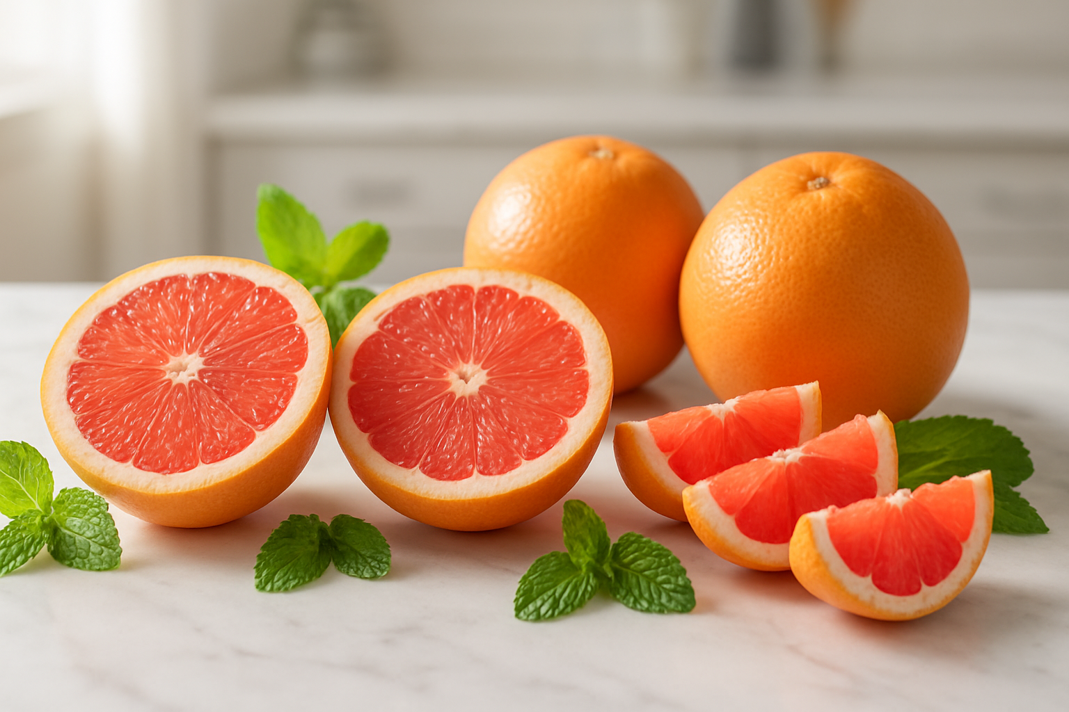 Create a realistic image of fresh pink grapefruit halves and whole grapefruits arranged on a clean white marble surface with vibrant green mint leaves scattered around, natural sunlight streaming from the left creating soft shadows, droplets of fresh juice visible on the cut surfaces, a few grapefruit segments artfully placed nearby, bright and healthy atmosphere with clean modern kitchen background slightly blurred, emphasizing the natural vitamins and nutritional benefits through the fresh, juicy appearance of the citrus fruits, absolutely NO text should be in the scene.