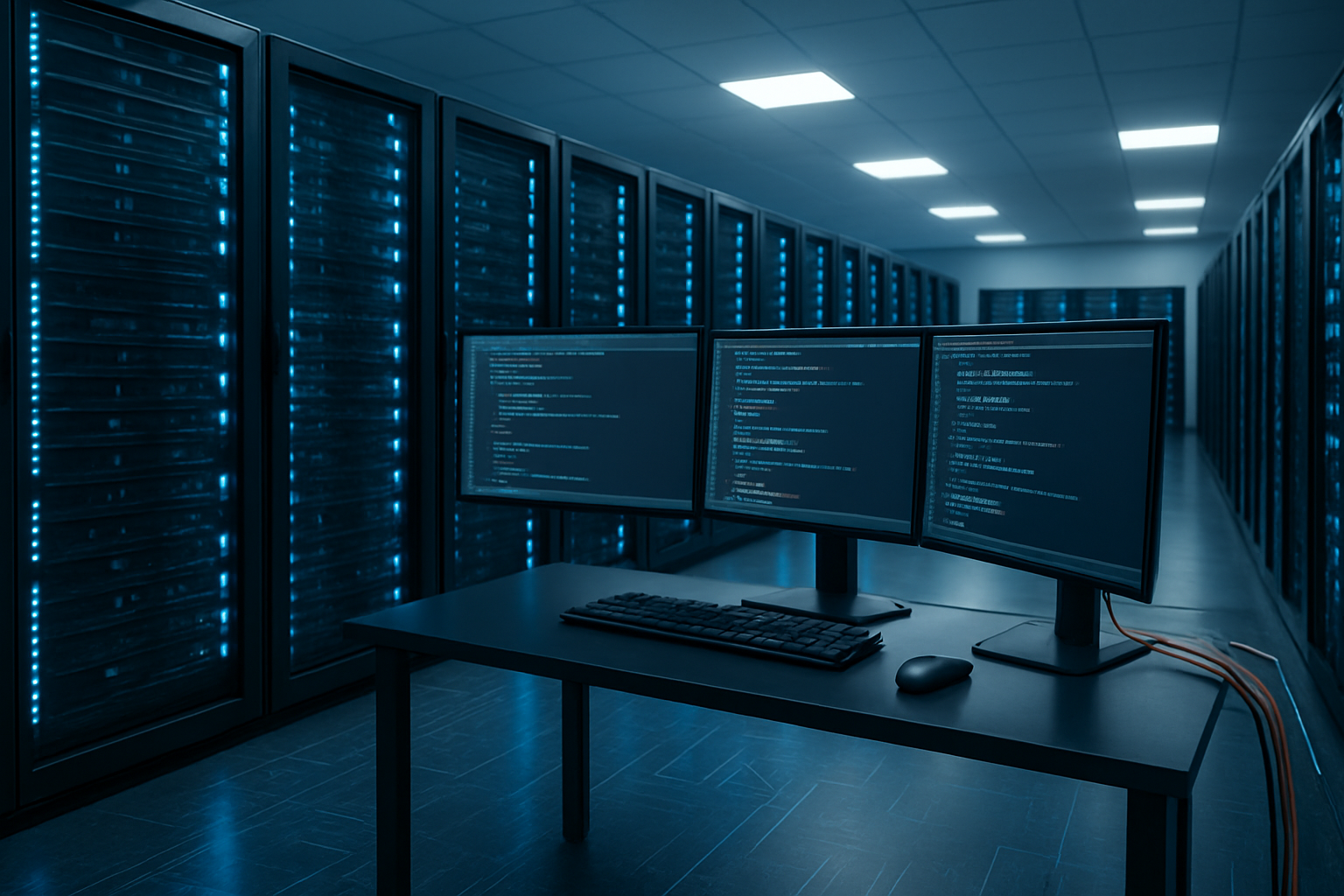 Create a realistic image of a modern data center server room with rows of sleek black server racks illuminated by blue LED lights, featuring a prominent computer workstation in the foreground displaying Python code on multiple monitors, with fiber optic cables and circuit board patterns subtly integrated into the floor design, all set against a clean, high-tech environment with soft ambient lighting that emphasizes the technological infrastructure, Absolutely NO text should be in the scene.