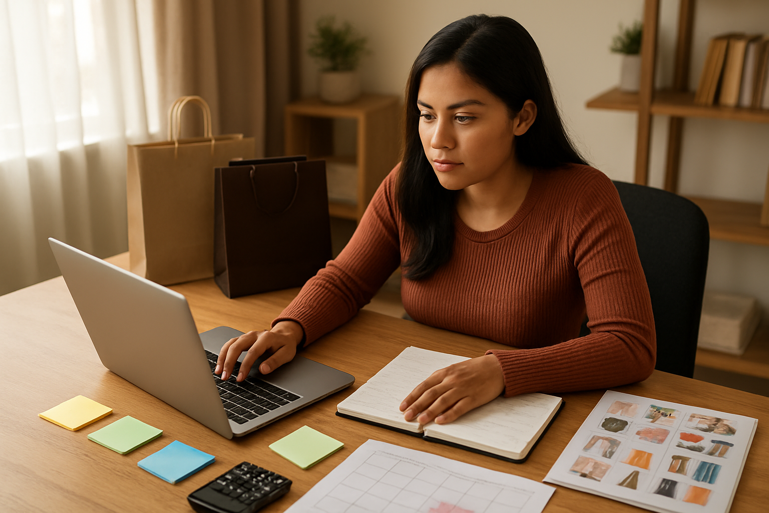 Create a realistic image of a Hispanic female sitting at a modern wooden desk with a laptop open, surrounded by shopping planning materials including a calculator, colorful sticky notes, a notebook with handwritten lists, and a calendar marked with dates, with shopping bags and product catalogs nearby, in a well-lit home office environment with warm natural lighting from a window, conveying an organized and focused shopping preparation atmosphere, absolutely NO text should be in the scene.