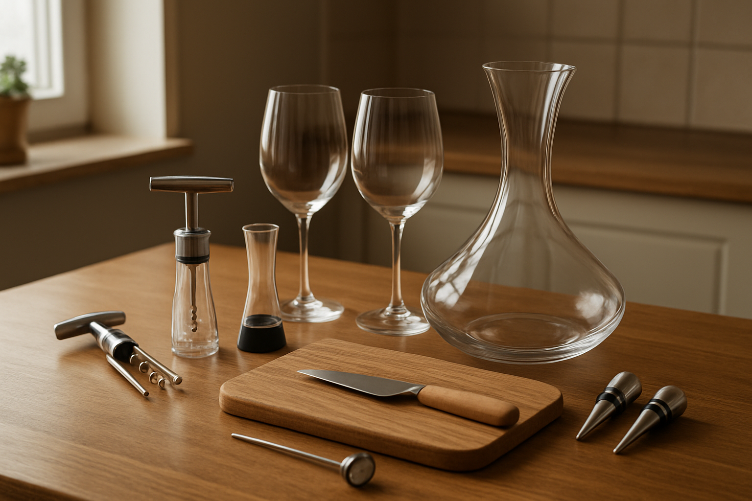Best Wine Gifts Under $50 (2026 Guide) Create a realistic image of an elegant wooden kitchen counter displaying a curated collection of wine-related tools and accessories including a stainless steel corkscrew, wine aerator, elegant wine glasses, a wooden cutting board with cheese knife, wine bottle stoppers, a wine thermometer, and a sleek decanter, all arranged in an aesthetically pleasing layout with soft natural lighting from a nearby window, warm kitchen ambiance with subtle shadows, absolutely NO text should be in the scene.