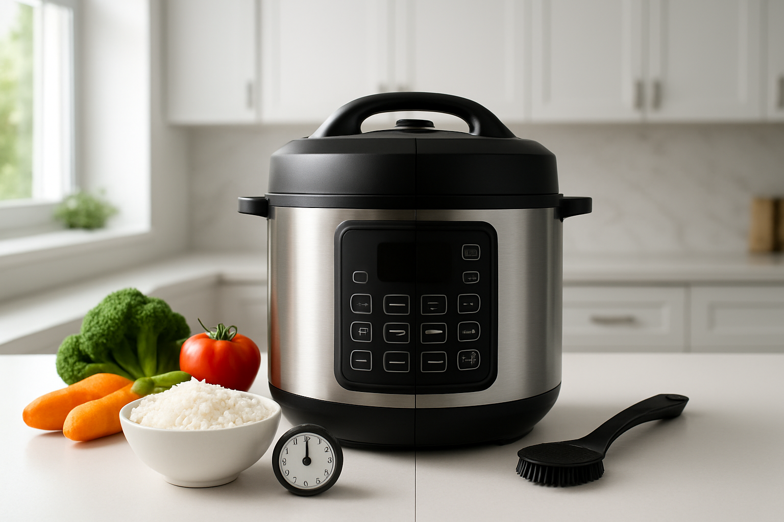 Create a realistic image of a Nutricook Smart Pot Electric Pressure Cooker 4L positioned centrally on a clean white kitchen counter, with a split visual composition showing positive elements like fresh vegetables, cooked rice, and a timer on the left side, and negative elements like a complex control panel and cleaning brush on the right side, under bright natural lighting from a kitchen window, with a modern kitchen background featuring white cabinets and marble countertops, absolutely NO text should be in the scene.