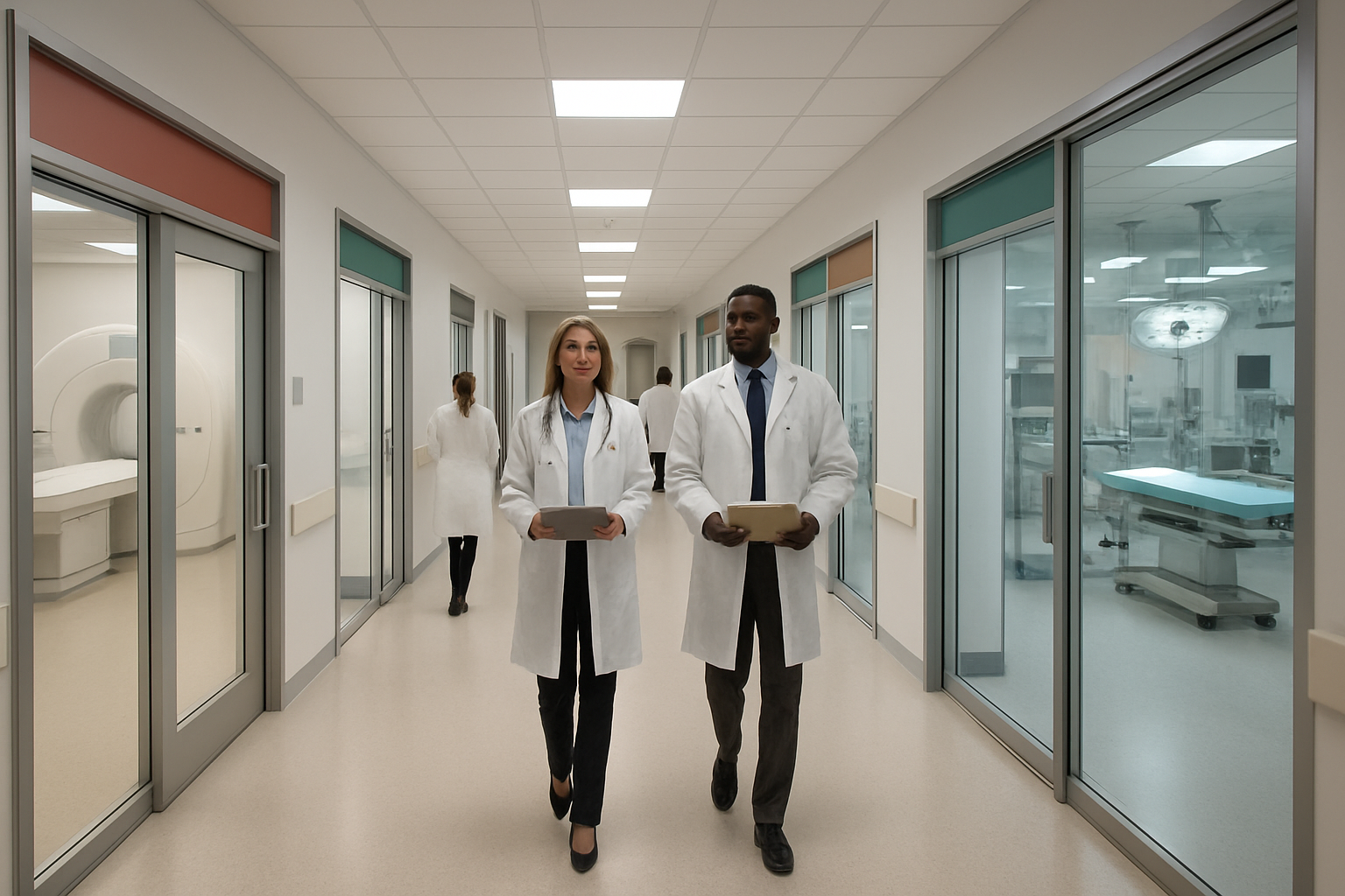 Create a realistic image of a modern hospital corridor with multiple specialized department entrances, featuring clean white walls with colored signage indicating different medical specializations like cardiology, oncology, neurology, and orthopedics, with advanced medical equipment visible through glass doors, including MRI machines and surgical suites, warm professional lighting illuminating the pristine hallway, and a few healthcare professionals in white coats walking purposefully through the scene including a white female doctor and a black male doctor carrying medical charts, conveying excellence in specialized medical care. Absolutely NO text should be in the scene.