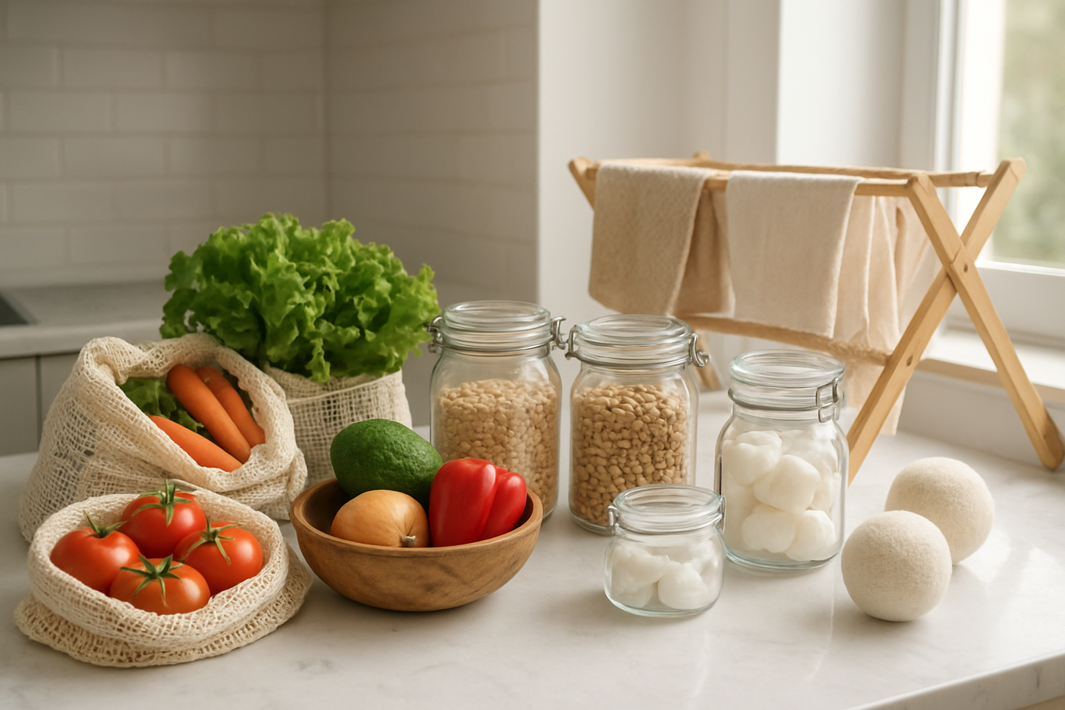 Create a realistic image of a modern kitchen counter displaying eco-friendly food and laundry choices side by side, featuring fresh locally-grown vegetables in reusable mesh bags, glass jars filled with bulk grains and legumes, a wooden bowl of organic produce, eco-friendly laundry detergent pods in a glass container, natural wool dryer balls, and a bamboo drying rack with clothes hanging, all arranged on a clean white marble countertop with soft natural lighting from a nearby window, creating a clean and sustainable lifestyle atmosphere, absolutely NO text should be in the scene.