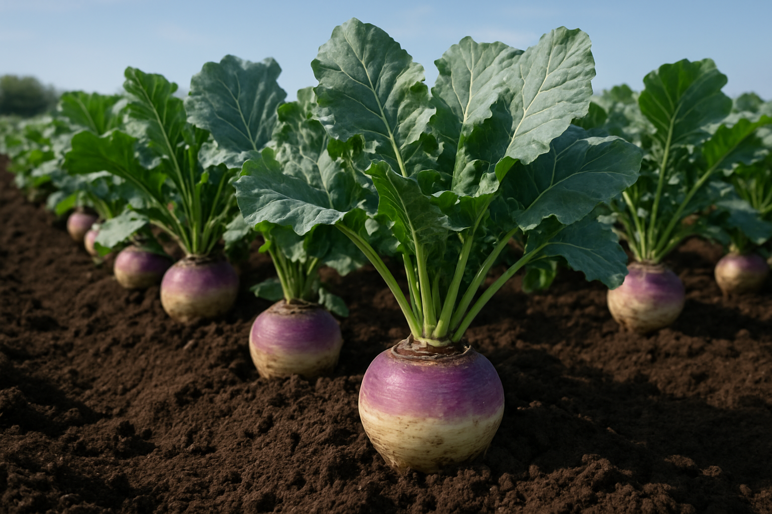 Create a realistic image of rutabaga plants growing in rich, dark soil in neat garden rows, showing the purple and white root vegetables partially emerging from the earth with their large, blue-green leafy tops flourishing above ground, set in a well-maintained agricultural field under natural daylight with a clear sky in the background, capturing the healthy cultivation stage of the crop. Absolutely NO text should be in the scene.