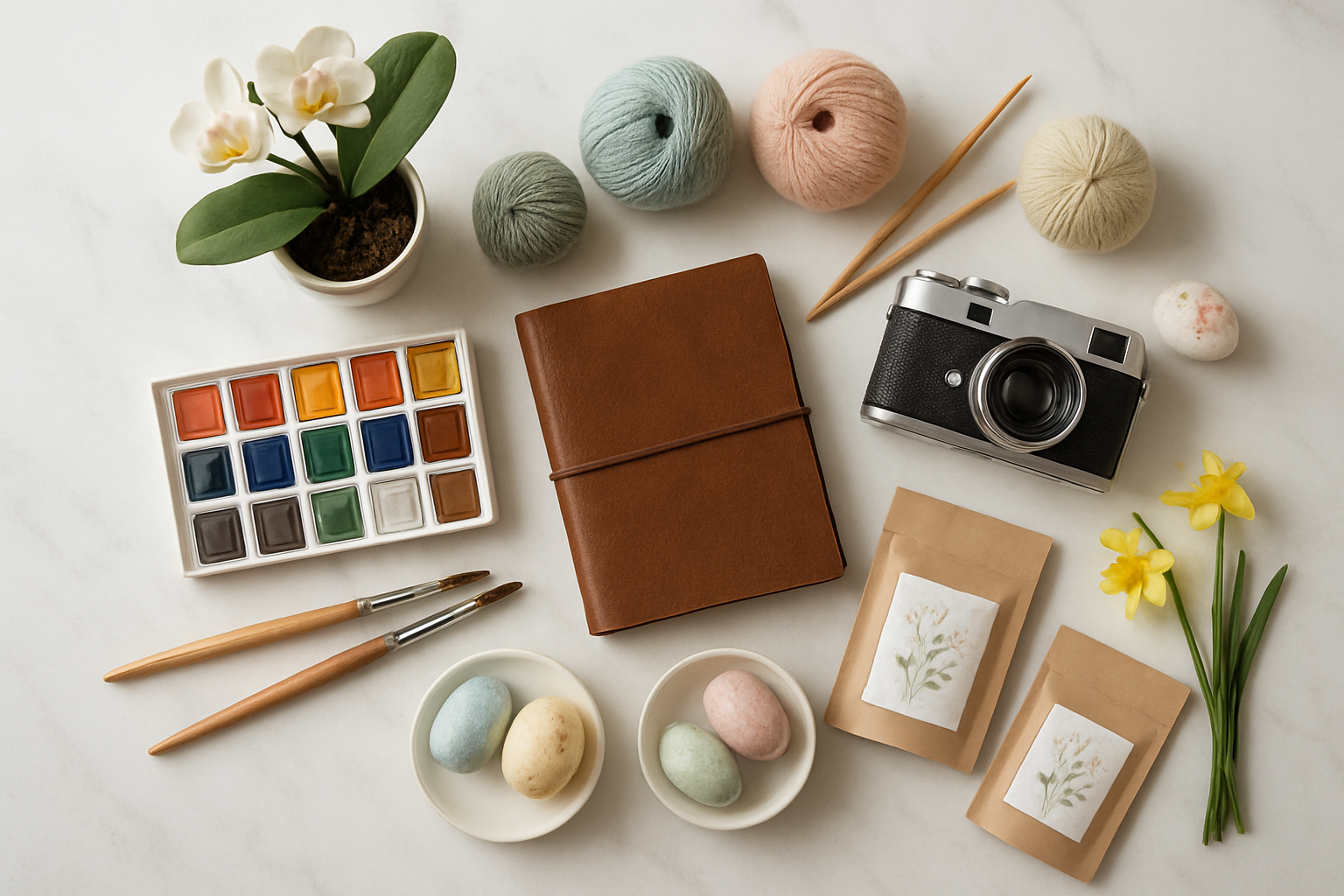 Create a realistic image of an elegant flat lay arrangement of various hobby-related Easter gifts including art supplies like watercolor paints and brushes, a small potted orchid plant, a leather-bound journal, knitting yarn in pastel spring colors, a camera, and gourmet tea packages, all beautifully arranged on a white marble surface with soft natural lighting from above, surrounded by subtle Easter elements like painted eggs and spring flowers, conveying inspiration and creativity, absolutely NO text should be in the scene.