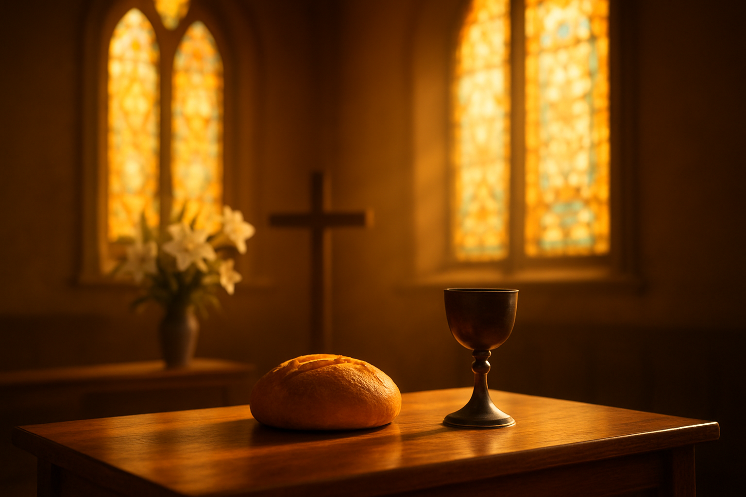 Create a realistic image of a serene church interior with warm golden sunlight streaming through stained glass windows, illuminating a communion table set with bread and wine chalice in the foreground, with Easter lilies and wooden cross visible in the soft-focused background, conveying a peaceful and reverent atmosphere of reflection and spiritual connection, absolutely NO text should be in the scene.