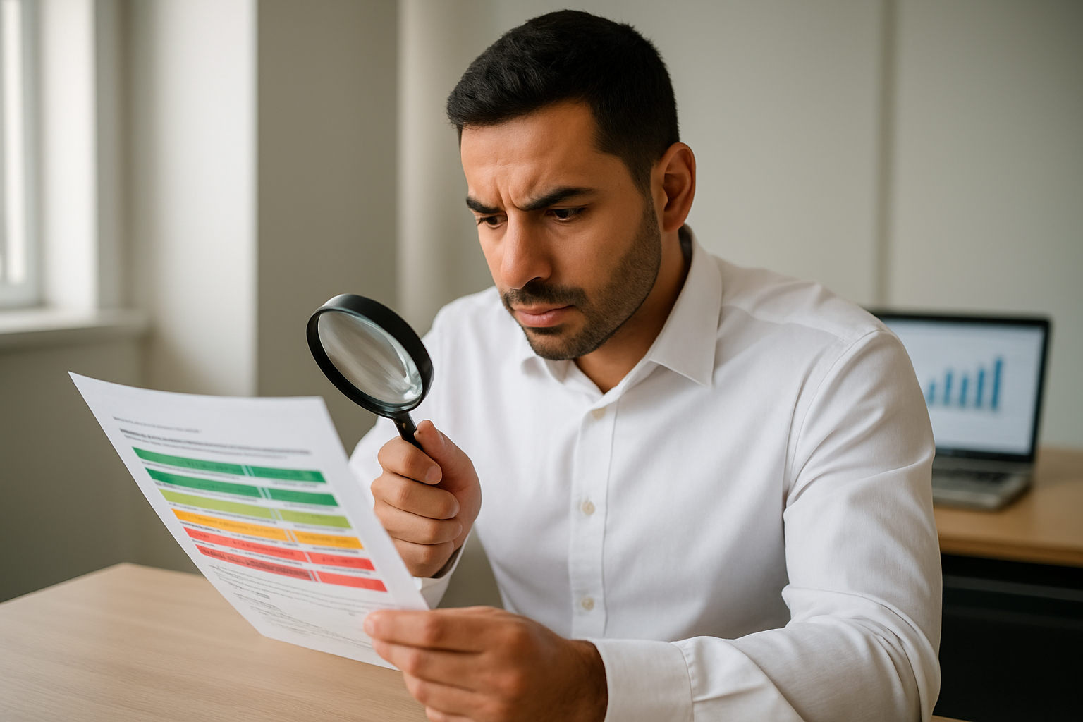 Create a realistic image of a Middle Eastern male professional in his 30s wearing a white dress shirt sitting at a modern office desk, examining printed property inspection documents with colorful severity level indicators (green, yellow, red sections), holding a magnifying glass over detailed building defect classifications, with a laptop displaying charts and graphs in the background, clean modern office environment with natural lighting from a window, focused and analytical mood, absolutely NO text should be in the scene.