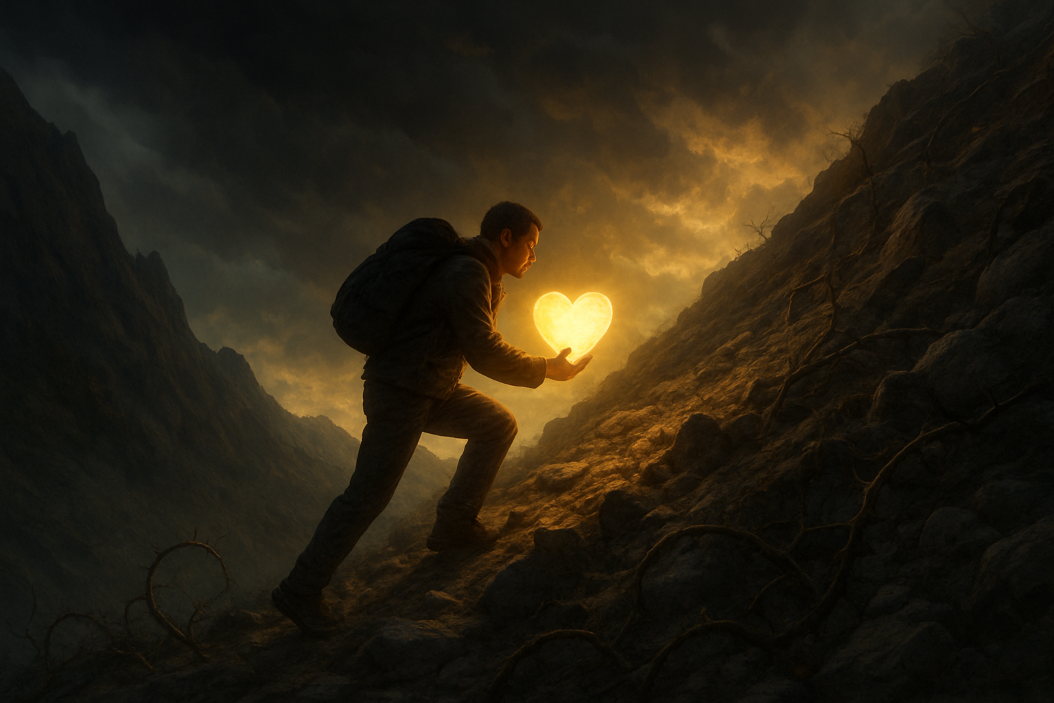 Create a realistic image of a person climbing a steep, rocky mountain path with determination, carrying a glowing heart-shaped light in their hands, surrounded by dark storm clouds that are gradually giving way to golden sunlight breaking through, with thorny vines and obstacles scattered along the path being overcome, symbolizing the journey of spiritual growth and love conquering challenges, warm lighting creating hope and perseverance in the scene, absolutely NO text should be in the scene.