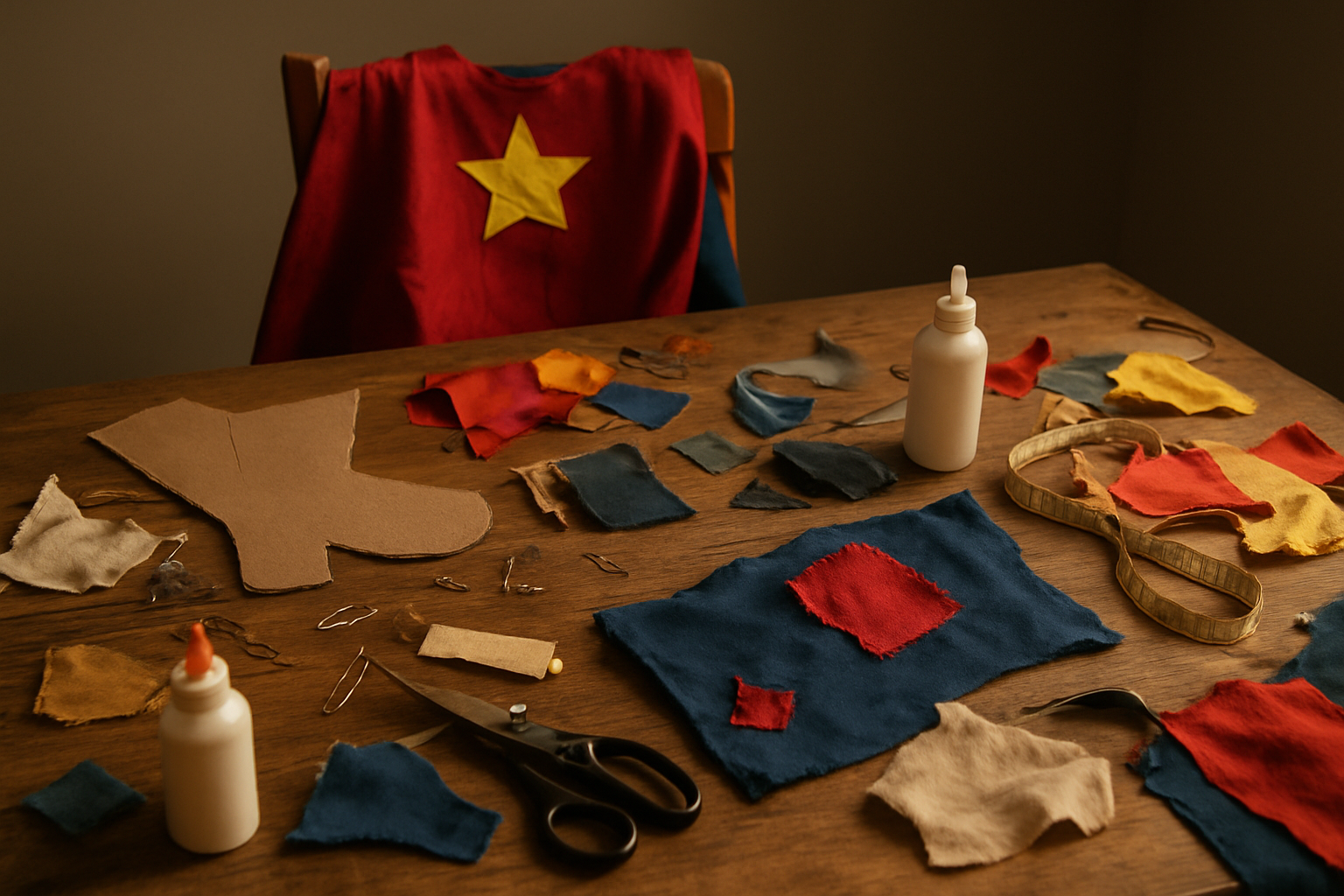 Create a realistic image of a cluttered crafting table with half-finished DIY costume pieces including fabric scraps, cardboard cutouts, safety pins, scissors, glue bottles, and measuring tape scattered around, with a partially completed superhero cape draped over a chair and some crooked hand-sewn patches visible, showing the messy creative process in a home workspace with warm indoor lighting, conveying both creativity and the challenges of homemade costume construction, absolutely NO text should be in the scene.