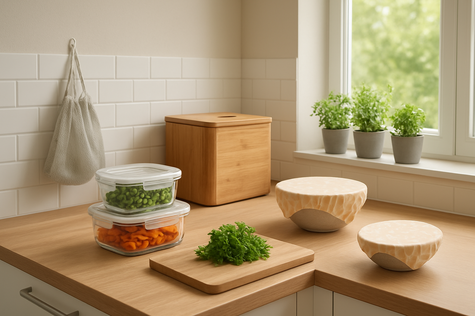 Create a realistic image of a modern sustainable kitchen featuring eco-friendly products that help reduce food waste, including glass food storage containers with airtight lids, a wooden compost bin on the counter, reusable silicone food wraps covering bowls, a bamboo cutting board, stainless steel mesh produce bags hanging nearby, and a small herb garden growing on the windowsill, with natural daylight streaming through the window creating a bright and clean atmosphere, absolutely NO text should be in the scene.