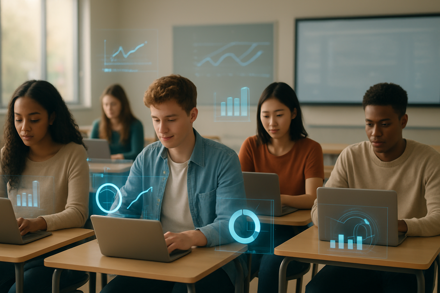 Create a realistic image of a modern classroom setting with diverse students of different races and genders sitting at desks with laptops and tablets, while holographic data visualizations and analytics charts float subtly in the air around them, showing personalized learning paths and progress indicators, with a warm and engaging atmosphere, soft natural lighting from large windows, and a clean contemporary educational environment with smart boards and digital displays in the background, capturing the essence of AI-driven personalized education technology seamlessly integrated into the learning experience, absolutely NO text should be in the scene.