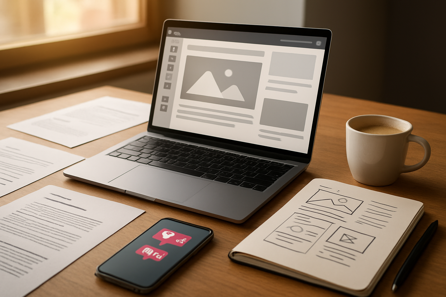 Create a realistic image of a modern workspace with an open laptop displaying a content creation interface, surrounded by organized documents and guidelines sheets spread across a clean desk, with a smartphone showing community engagement notifications, a coffee cup, and a notebook with sketched content ideas, all arranged in warm natural lighting from a nearby window, creating a productive and inspiring atmosphere for digital community building. Absolutely NO text should be in the scene.