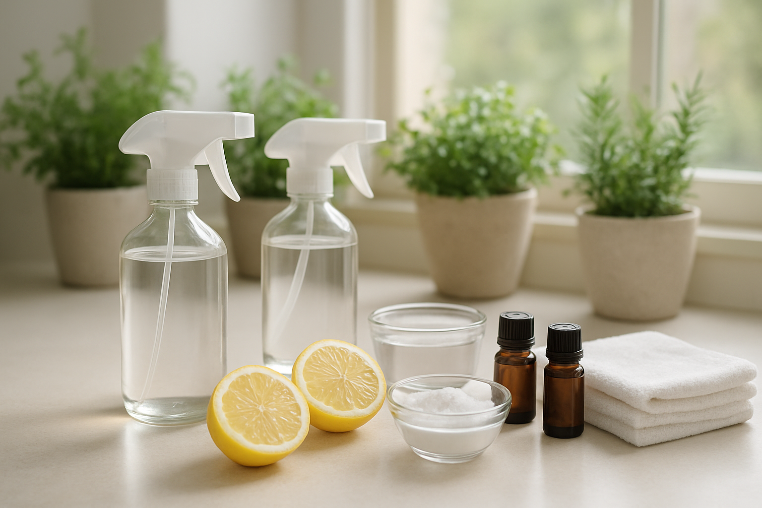 Create a realistic image of a bright, clean kitchen counter displaying an array of natural cleaning products including glass spray bottles filled with clear liquids, small bowls containing baking soda and white vinegar, fresh lemons cut in half, essential oil bottles, and white microfiber cloths, with soft natural lighting streaming through a window in the background creating a healthy, wholesome atmosphere, surrounded by potted herbs and plants to emphasize the natural theme, absolutely NO text should be in the scene.