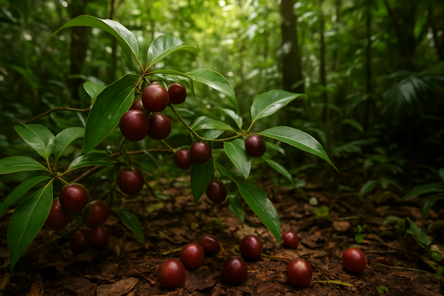 Create a realistic image of fresh camu camu fruits in their natural Amazonian rainforest habitat, showing the small round reddish-purple berries growing on branches with green leaves, surrounded by lush tropical vegetation and filtered sunlight creating dappled lighting through the forest canopy, with some fruits scattered on the forest floor to emphasize their wild origins, absolutely NO text should be in the scene.