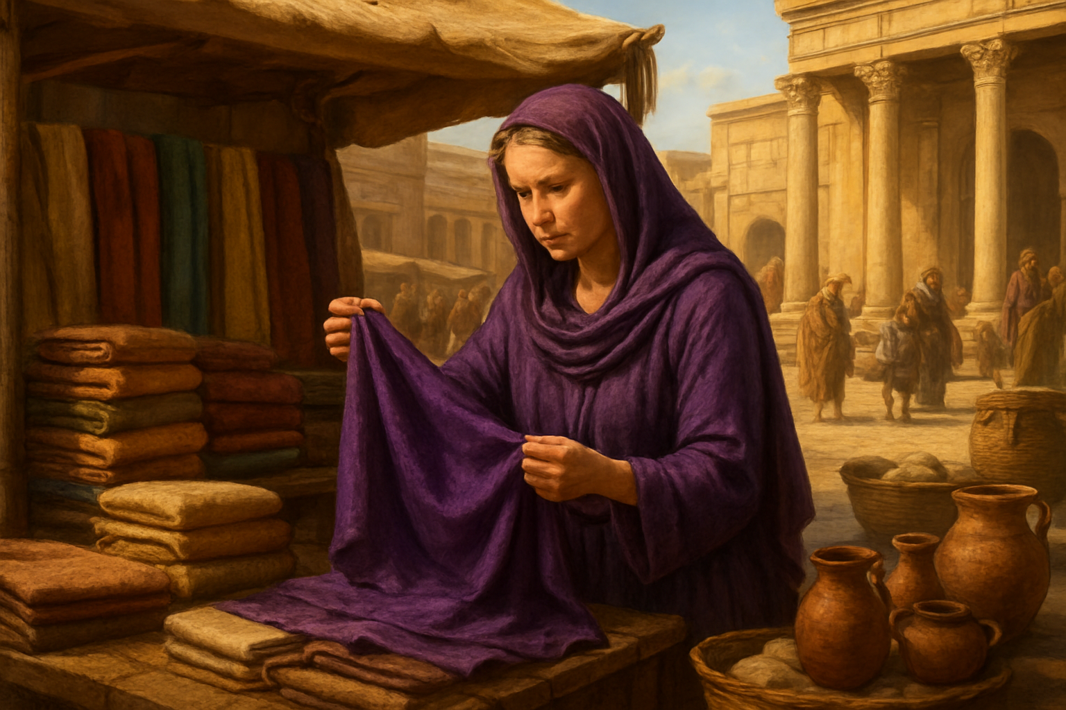 Create a realistic image of an ancient Mediterranean marketplace scene with a middle-aged white female merchant woman in purple robes examining fine purple fabric at her textile stall, surrounded by bolts of luxurious dyed cloth, pottery, and trade goods, with stone buildings and columns in the background under warm golden sunlight, conveying prosperity and successful commerce in biblical times, absolutely NO text should be in the scene.