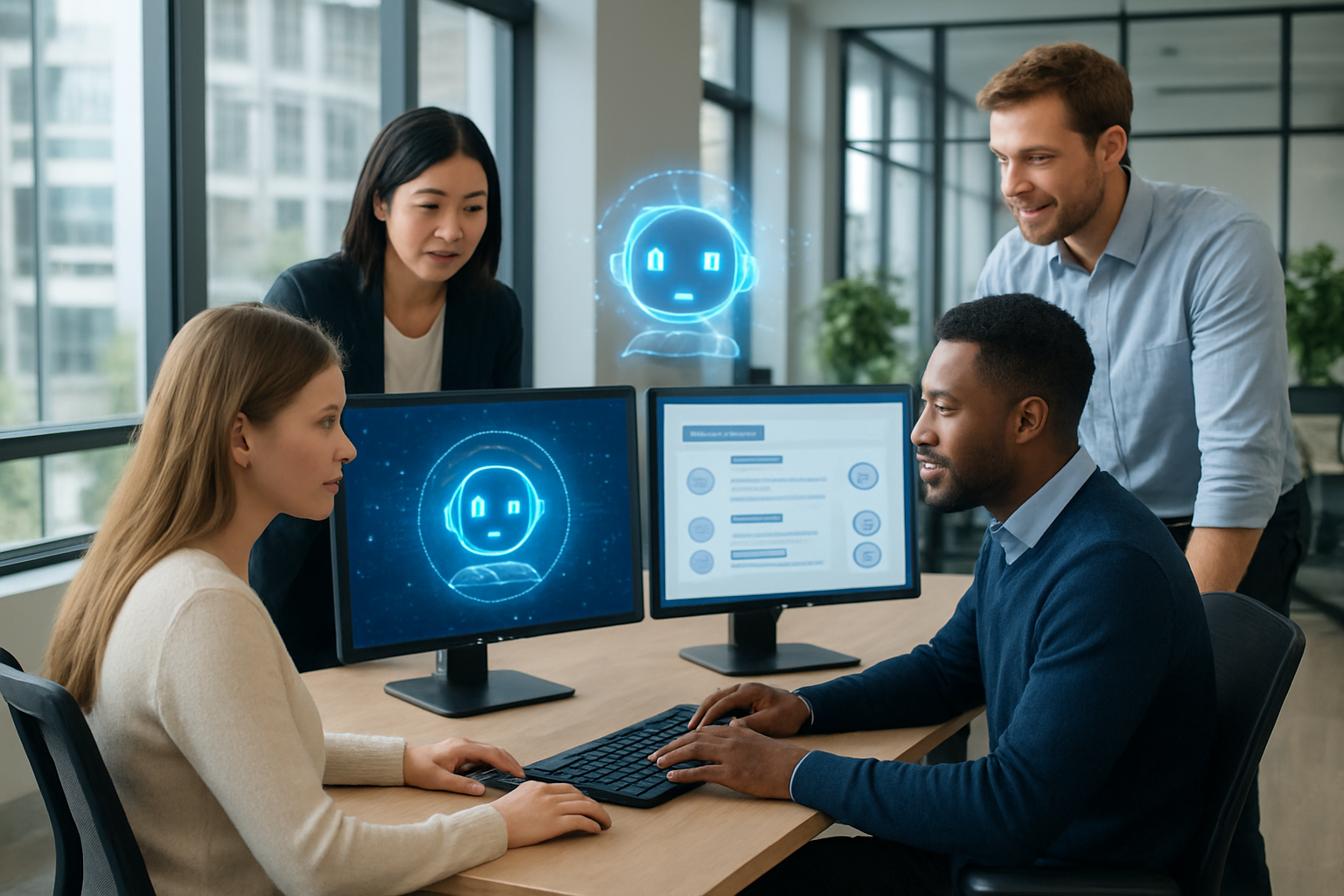 Create a realistic image of a modern corporate office setting showing a sleek computer workstation with multiple monitors displaying AI chatbot interfaces and employee onboarding dashboards, featuring a diverse group of new employees including a white female and black male sitting at desks interacting with digital onboarding systems, with HR professionals of Asian female and white male backgrounds providing guidance, surrounded by contemporary office furniture, large windows with natural lighting creating a bright and welcoming atmosphere, showing holographic or digital AI assistant elements floating above the screens, conveying a high-tech and efficient workplace environment focused on digital transformation and employee support, absolutely NO text should be in the scene.