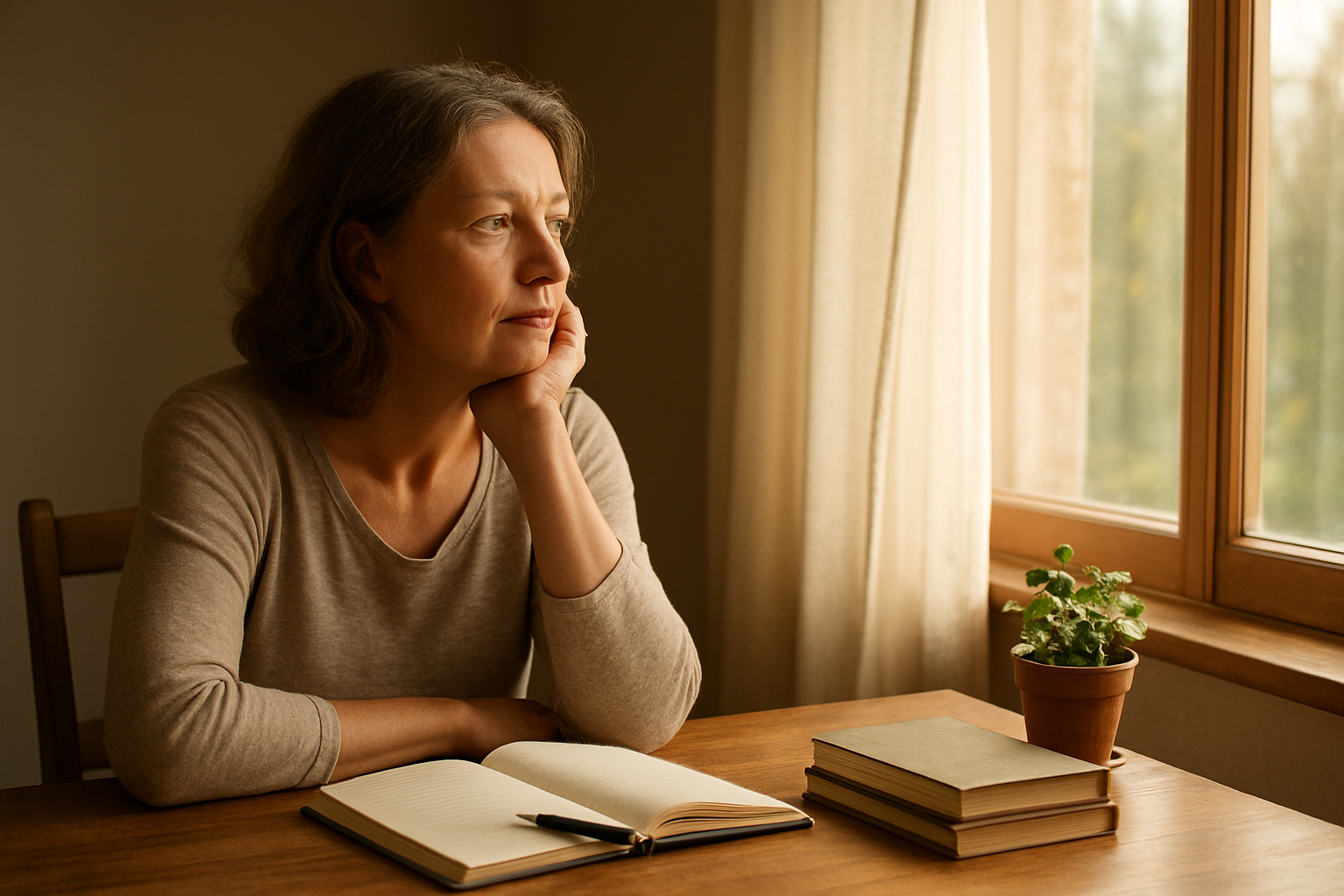 Create a realistic image of a middle-aged white female sitting alone in a peaceful sunlit room, looking thoughtfully out a large window, surrounded by personal items like books, a journal, and a small potted plant on a wooden table, with warm natural lighting streaming through sheer curtains creating a contemplative and hopeful atmosphere, emphasizing solitude and self-reflection, absolutely NO text should be in the scene.