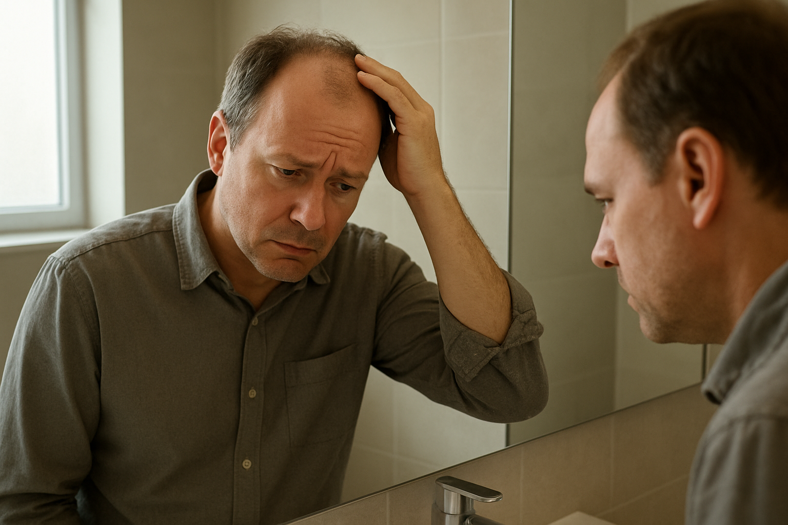Create a realistic image of a middle-aged white male standing in front of a bathroom mirror, looking downward with a concerned expression while gently touching his receding hairline, soft natural lighting from a window creates gentle shadows, the bathroom has neutral tones with a clean modern sink visible, the man wears a casual button-up shirt, his body language conveys vulnerability and self-consciousness, the mirror reflects his worried facial expression, creating an atmosphere of introspection and emotional struggle, absolutely NO text should be in the scene.