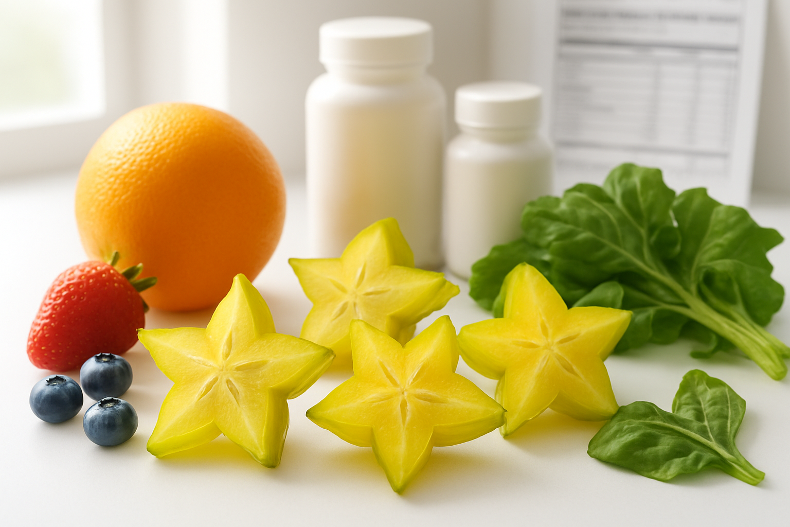 Create a realistic image of fresh starfruit (carambola) slices arranged on a clean white surface alongside colorful fresh fruits like oranges, berries, and leafy greens, with vitamin supplement bottles and a nutrition facts chart visible in the background, bright natural lighting illuminating the healthy foods, creating a clean and vibrant health-focused composition that emphasizes nutritional wellness and dietary benefits, absolutely NO text should be in the scene.