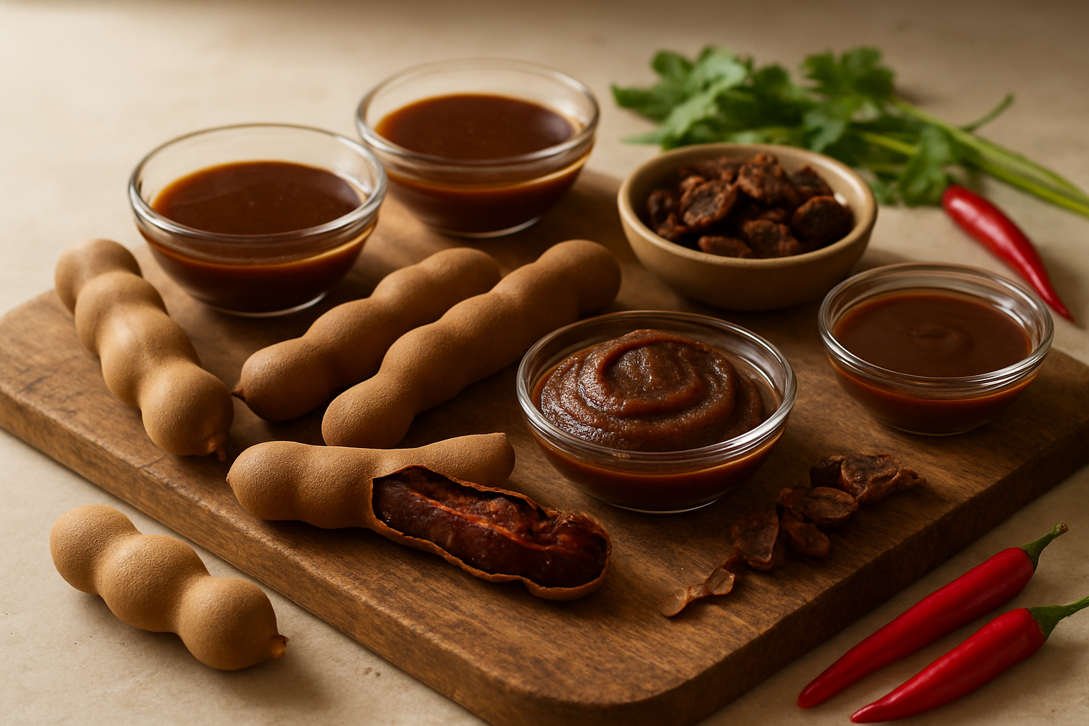 Create a realistic image of fresh tamarind pods and tamarind paste arranged on a rustic wooden cutting board alongside various culinary preparations including tamarind-based sauces in small glass bowls, dried tamarind pieces, and Asian cooking ingredients like chilies and herbs, with warm natural lighting highlighting the rich brown colors and textures of the tamarind in different forms, set against a clean kitchen counter background with soft shadows, absolutely NO text should be in the scene.