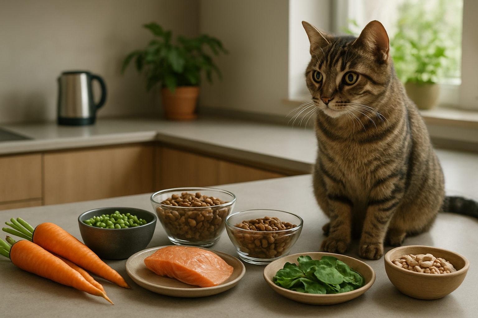 Create a realistic image of a sleek modern kitchen counter with a variety of eco-friendly cat food options including fresh vegetables like carrots and peas, plant-based cat food kibble in glass bowls, sustainably sourced fish, and organic ingredients artfully arranged, with a beautiful tabby cat sitting nearby looking curious and interested in the healthy food selection, natural daylight streaming through a window creating soft lighting, green plants visible in the background suggesting an environmentally conscious home, clean minimalist aesthetic with earth-tone colors, absolutely NO text should be in the scene.
