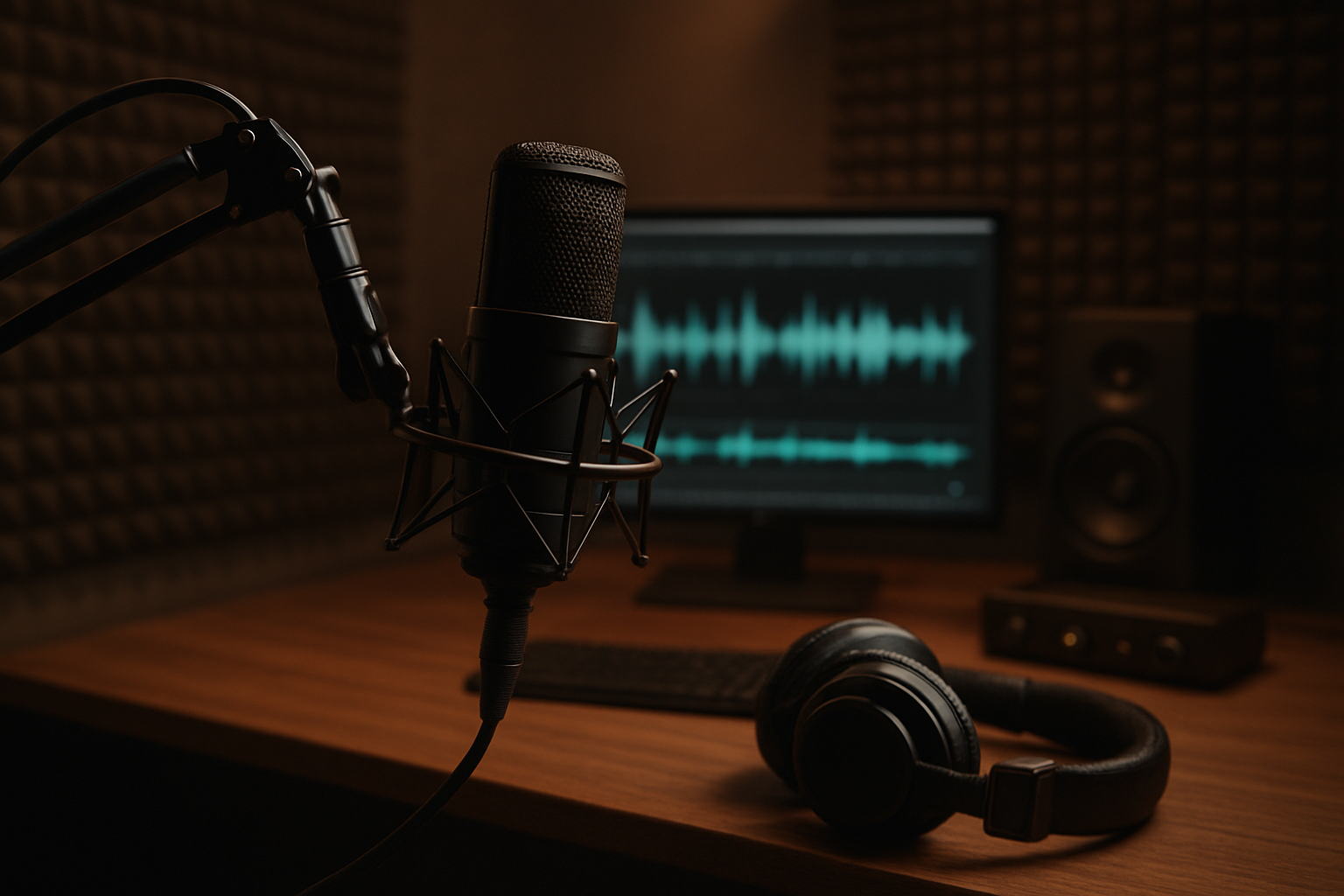 Create a realistic image of a modern professional recording studio setup with a sleek microphone on an adjustable boom arm positioned prominently in the foreground, a pair of high-quality headphones resting on a wooden desk, digital audio waveforms displayed on a computer monitor screen, acoustic foam panels on the walls, warm ambient lighting creating a professional atmosphere, and subtle audio equipment like an audio interface and studio monitors in the background, conveying a sense of growth and professionalism in the voice services industry, absolutely NO text should be in the scene.
