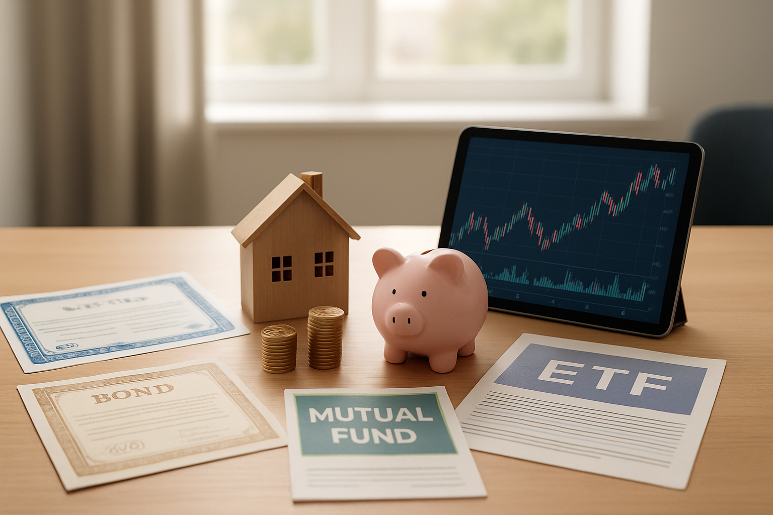 Create a realistic image of various investment vehicles and financial instruments arranged on a clean modern desk, including stock certificates, bond documents, mutual fund brochures, ETF trading charts on a tablet screen, a small house model representing real estate investment, gold coins, and a piggy bank, with soft natural lighting from a window, professional office environment in the background, organized layout suggesting beginner-friendly accessibility, warm and encouraging atmosphere, absolutely NO text should be in the scene.