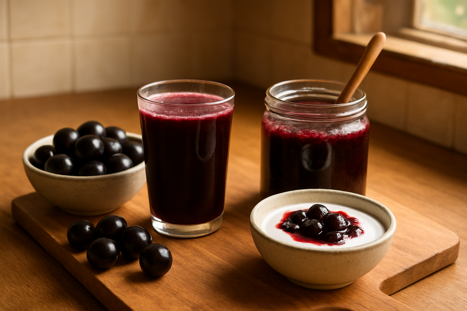 Create a realistic image of a cozy kitchen counter scene showcasing various delicious preparations of jabuticaba fruit, including a glass of dark purple jabuticaba juice, a bowl of fresh jabuticaba fruits with their characteristic dark purple skin, homemade jabuticaba jam in a glass jar with a wooden spoon, and jabuticaba-topped yogurt in a ceramic bowl, all arranged on a wooden cutting board with warm natural lighting streaming through a nearby window, creating an inviting home cooking atmosphere. Absolutely NO text should be in the scene.
