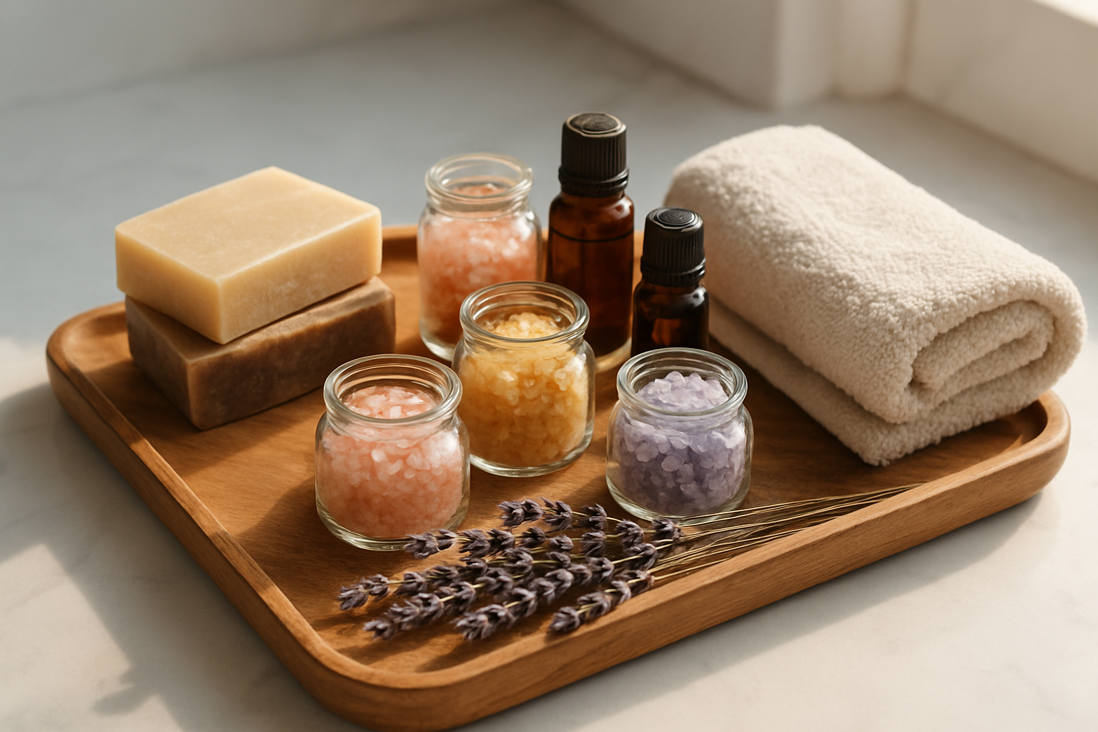Create a realistic image of an elegant wooden tray displaying homemade spa items including handcrafted soap bars, small glass jars filled with colorful bath salts, essential oil bottles, dried lavender sprigs, and a soft cotton towel, arranged on a clean white marble surface with soft natural lighting from a nearby window, creating a peaceful and luxurious spa atmosphere with subtle shadows and warm tones, absolutely NO text should be in the scene.