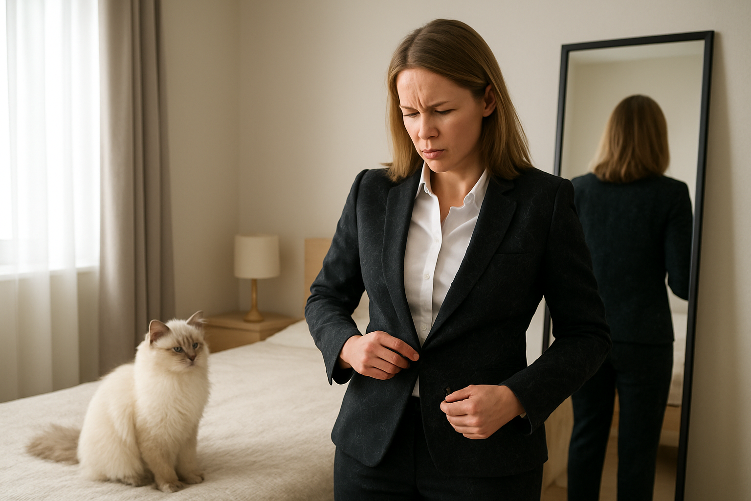 Create a realistic image of a white female professional in business attire looking frustrated while examining pet hair covering her dark blazer and dress pants, standing in front of a full-length mirror in a modern bedroom, with a fluffy cat sitting nearby on the bed, soft natural lighting from a window, clean and organized room setting with neutral colors, absolutely NO text should be in the scene.