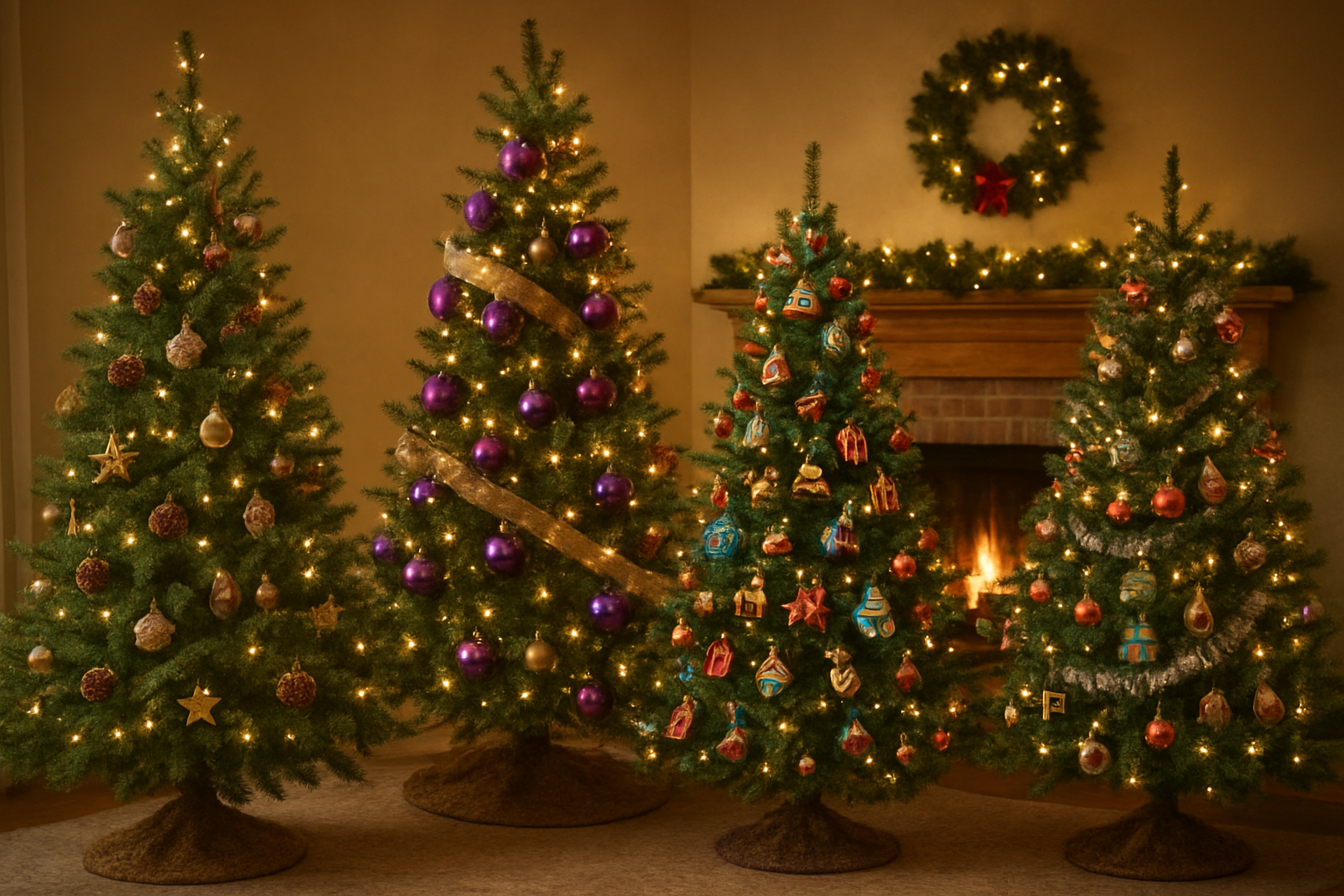 Create a realistic image of a cozy living room showcase featuring multiple uniquely decorated Christmas trees of varying sizes arranged together, including one tree with natural pinecones and wooden ornaments, another with unconventional purple and gold decorations, a third with colorful cultural ornaments from different countries, a fourth with hobby-themed decorations like miniature books and musical instruments, and a vintage-style tree with retro tinsel and classic glass baubles, all set against a warm fireplace background with soft golden lighting creating a welcoming holiday atmosphere that celebrates creative diversity in Christmas decorating, absolutely NO text should be in the scene.