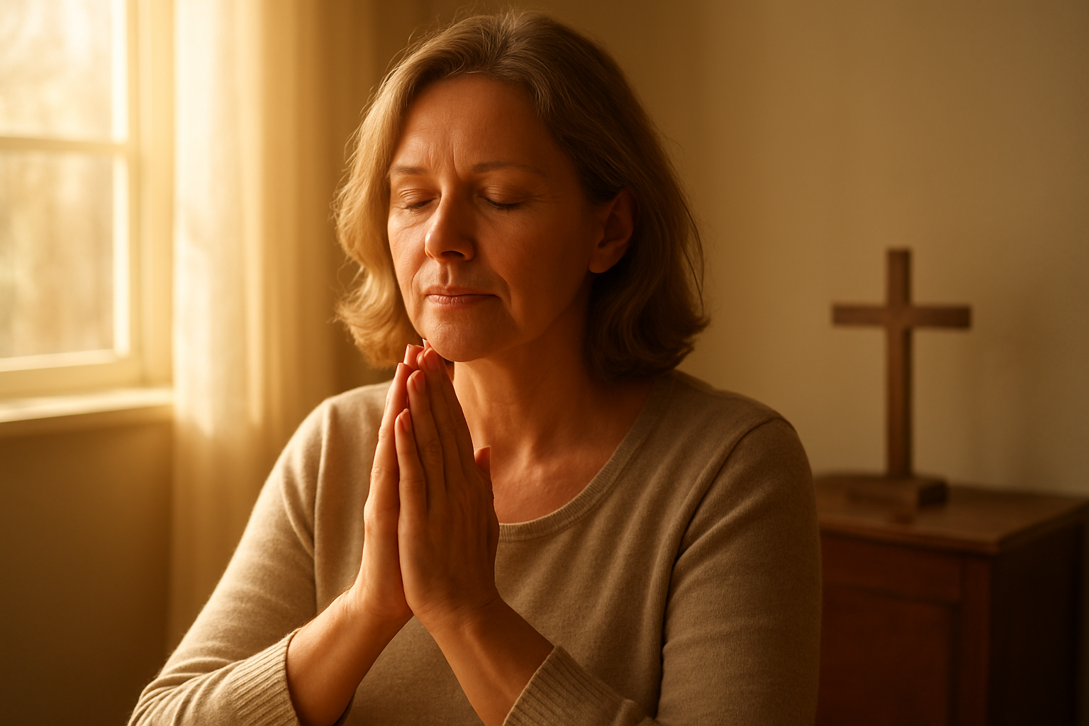 Create a realistic image of a peaceful middle-aged white female sitting in a quiet, sunlit room with her hands folded in prayer position, eyes gently closed in contemplation, surrounded by warm golden morning light streaming through a window, with a simple wooden cross visible on a nearby table, soft natural lighting creating a serene and meditative atmosphere that conveys spiritual preparation and openness to divine guidance, absolutely NO text should be in the scene.