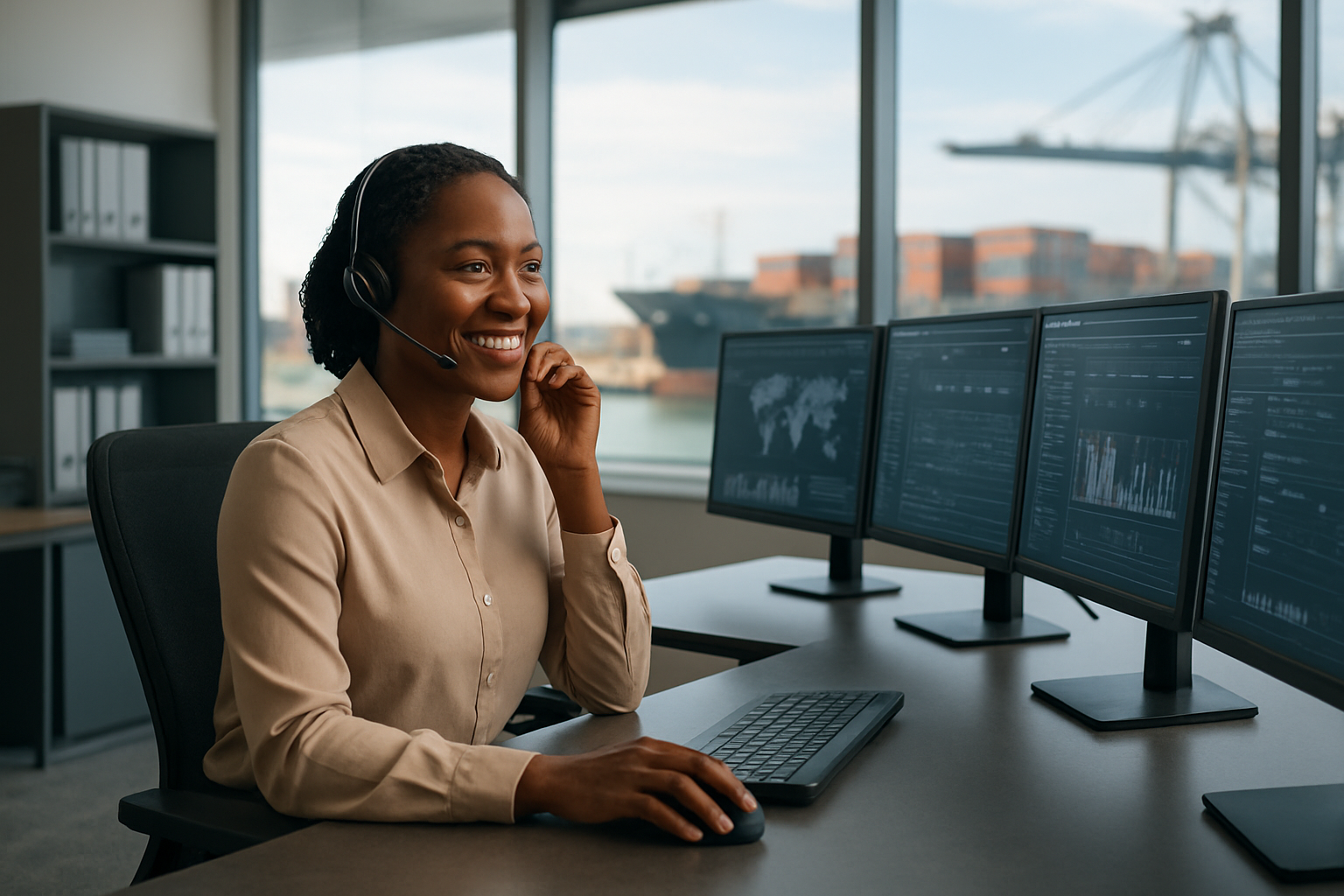 Create a realistic image of a modern freight forwarding office with a black female customer service representative sitting at a sleek desk with multiple computer monitors displaying logistics dashboards and shipping tracking interfaces, while speaking on a wireless headset with a warm, professional smile, surrounded by contemporary office furniture, large windows showing container ships in the background, bright natural lighting creating a welcoming atmosphere, with shipping containers and cargo imagery subtly visible through the glass, emphasizing connectivity and real-time communication in the logistics industry, absolutely NO text should be in the scene.