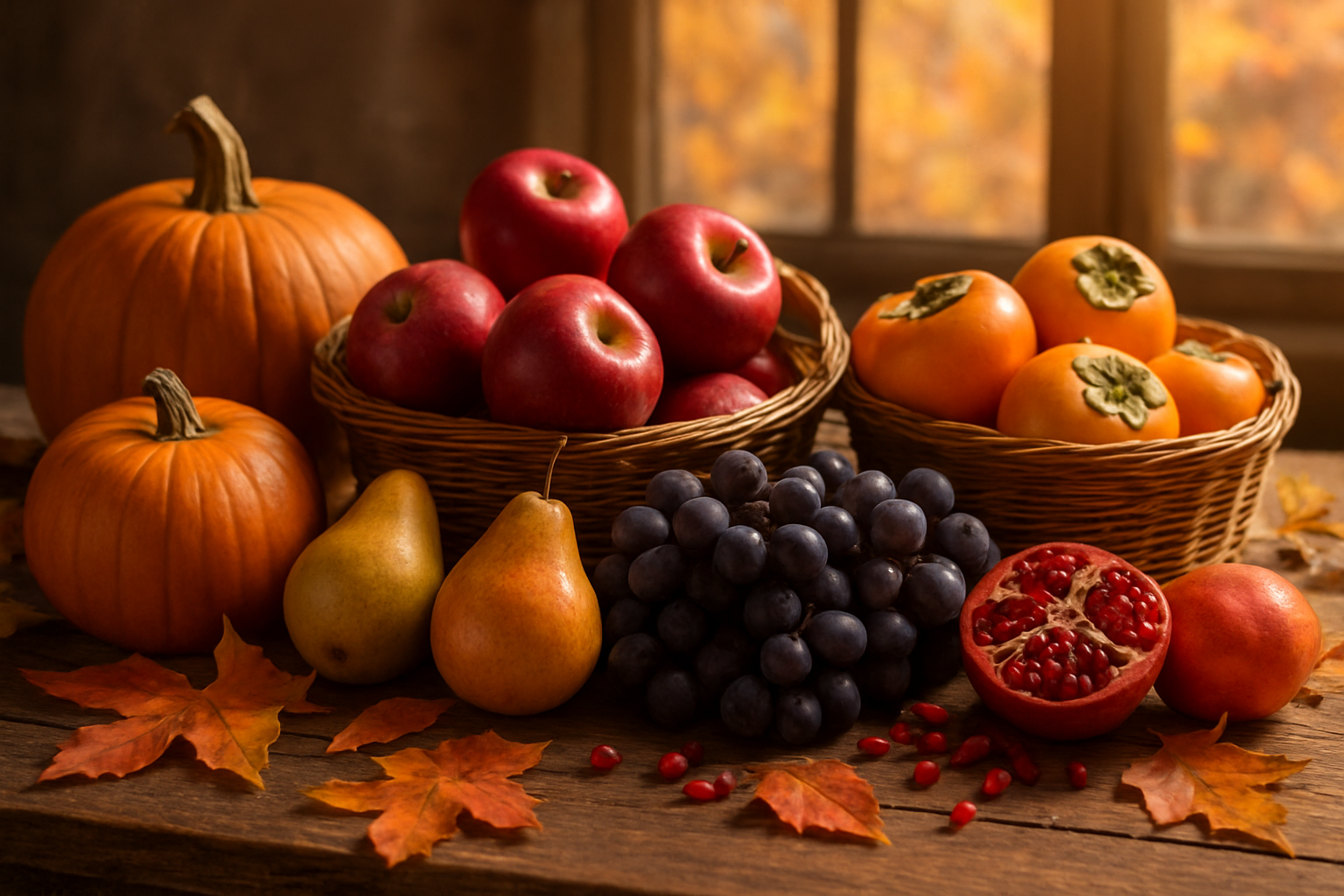 Create a realistic image of a rustic wooden table abundantly filled with seasonal autumn fruits including bright orange pumpkins, deep red apples, golden pears, rich purple grapes, vibrant orange persimmons, and pomegranates with their ruby-red seeds visible, arranged in wicker baskets and scattered naturally across the surface, with warm golden autumn sunlight streaming through a window casting soft shadows, creating a cozy harvest atmosphere that emphasizes the natural bounty of fall produce perfect for boosting immunity, with fallen autumn leaves in shades of orange, red, and yellow scattered around the base of the table, and a soft-focus background showing hints of autumn trees through the window. Absolutely NO text should be in the scene.
