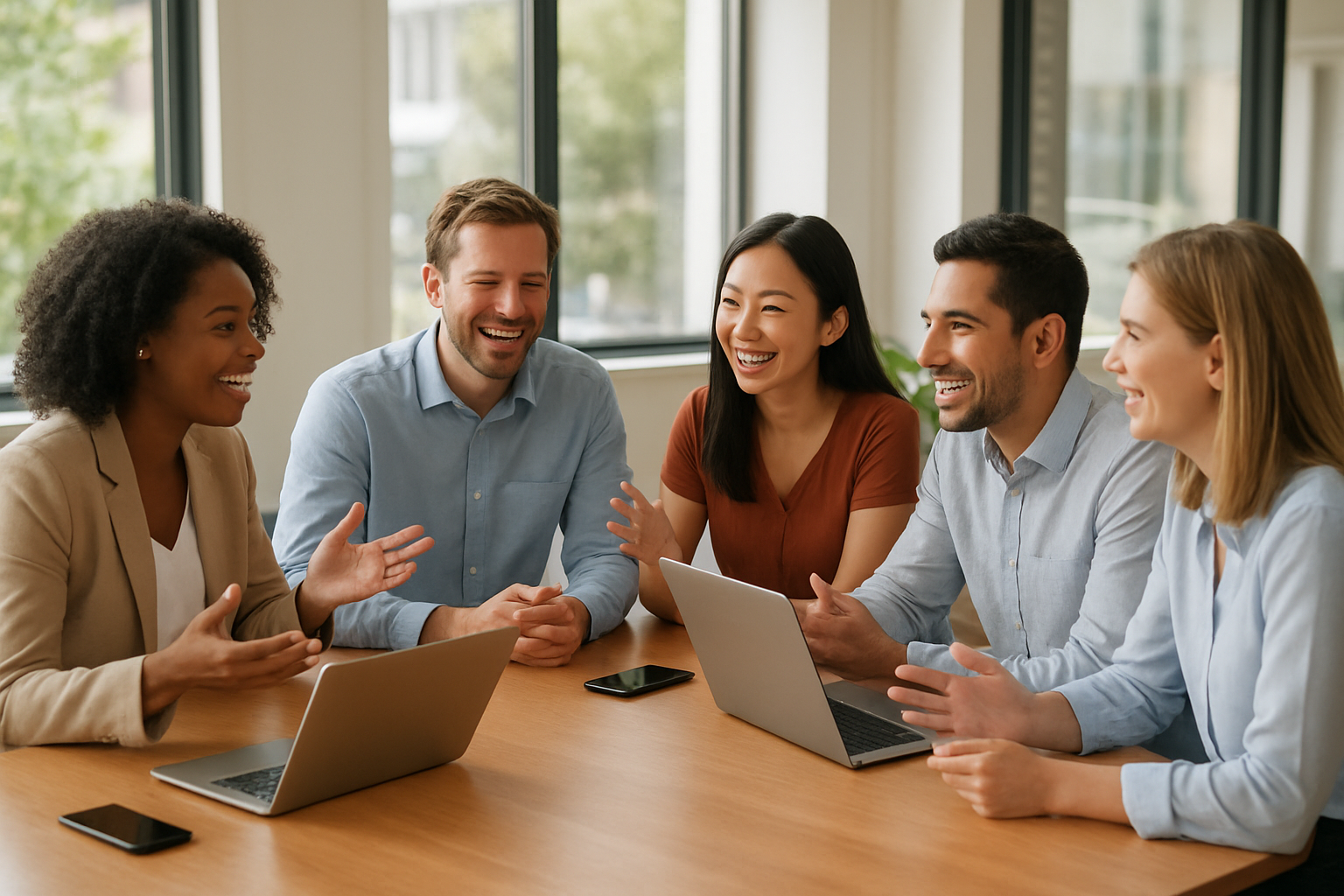 Create a realistic image of a diverse group of five people sitting around a modern conference table in a bright, contemporary office space, including a black female, white male, Asian female, Hispanic male, and white female, all engaged in animated discussion with laptops open, smartphones nearby, and collaborative energy visible through their body language and gestures, with natural lighting from large windows creating a warm, welcoming atmosphere that suggests community building and networking, absolutely NO text should be in the scene.