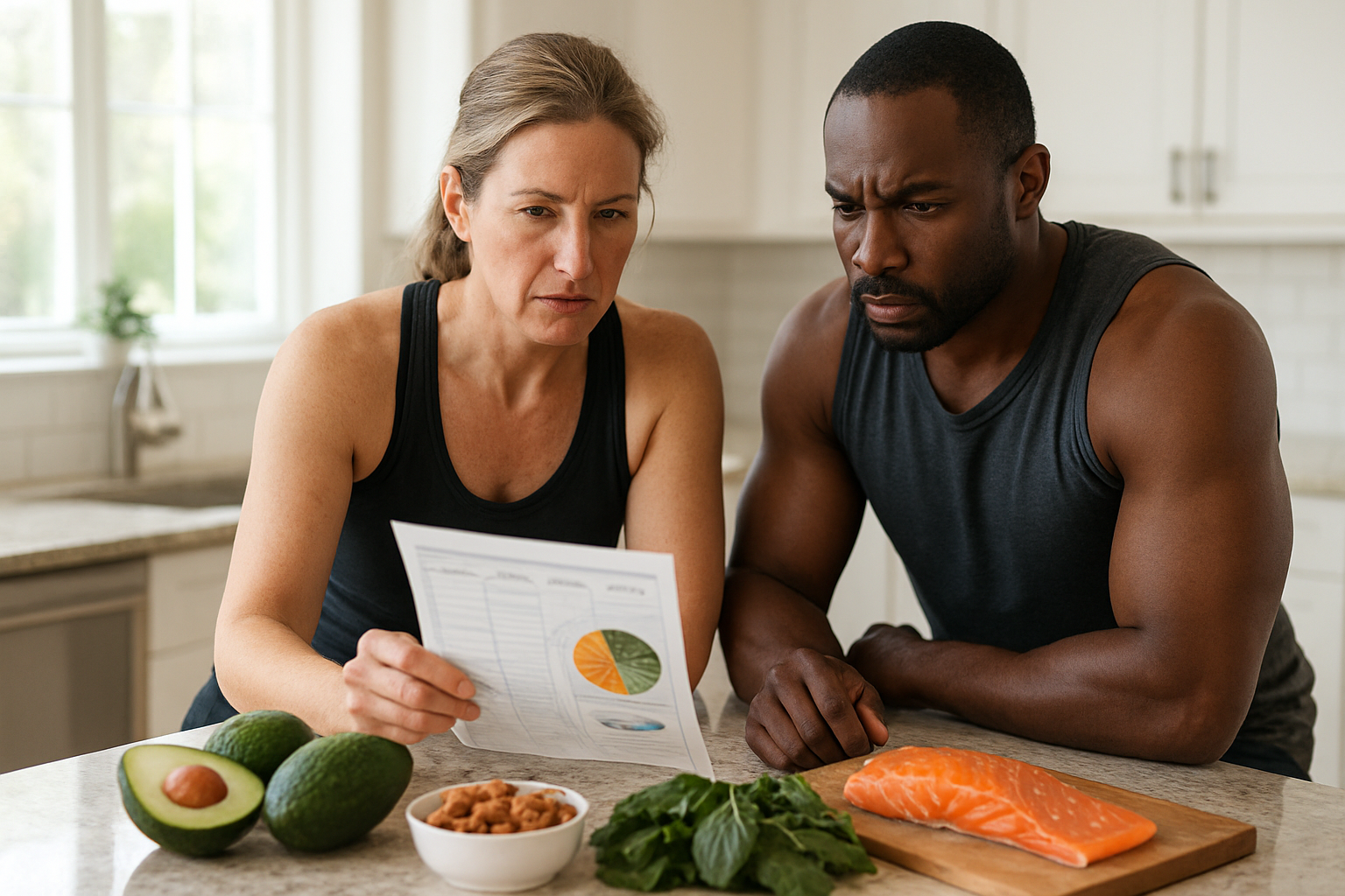 Create a realistic image of a diverse group showing a middle-aged white female and black male in workout attire looking determined while reviewing a nutrition chart with keto-friendly foods like avocados, salmon, and leafy greens spread on a kitchen counter, with a bright modern kitchen background featuring natural lighting streaming through windows, conveying motivation and progress in their health journey, absolutely NO text should be in the scene.