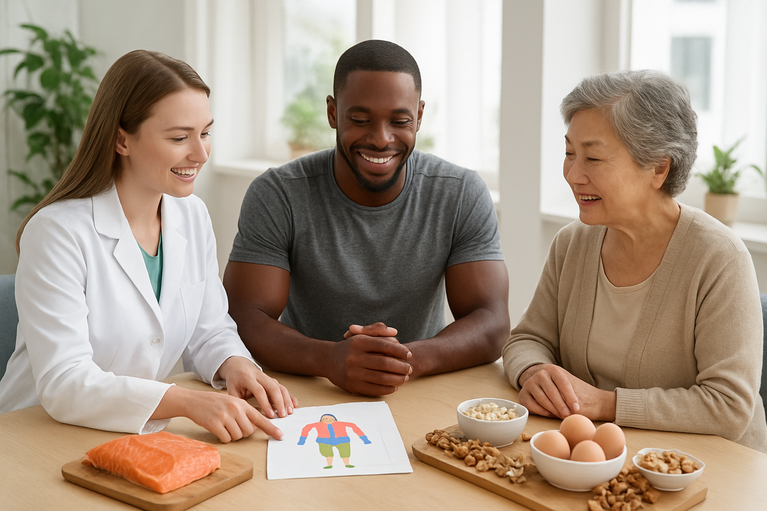Create a realistic image of a diverse group including a white female nutritionist, a black male athlete, and an Asian female senior citizen sitting around a modern consultation table with various protein-rich foods like salmon, chicken breast, eggs, legumes, and nuts displayed on wooden cutting boards, with the nutritionist pointing to a colorful body composition chart showing muscle groups, set in a bright, well-lit nutrition counseling office with natural lighting from large windows, plants in the background, and a clean, professional atmosphere that conveys personalized health guidance, absolutely NO text should be in the scene.