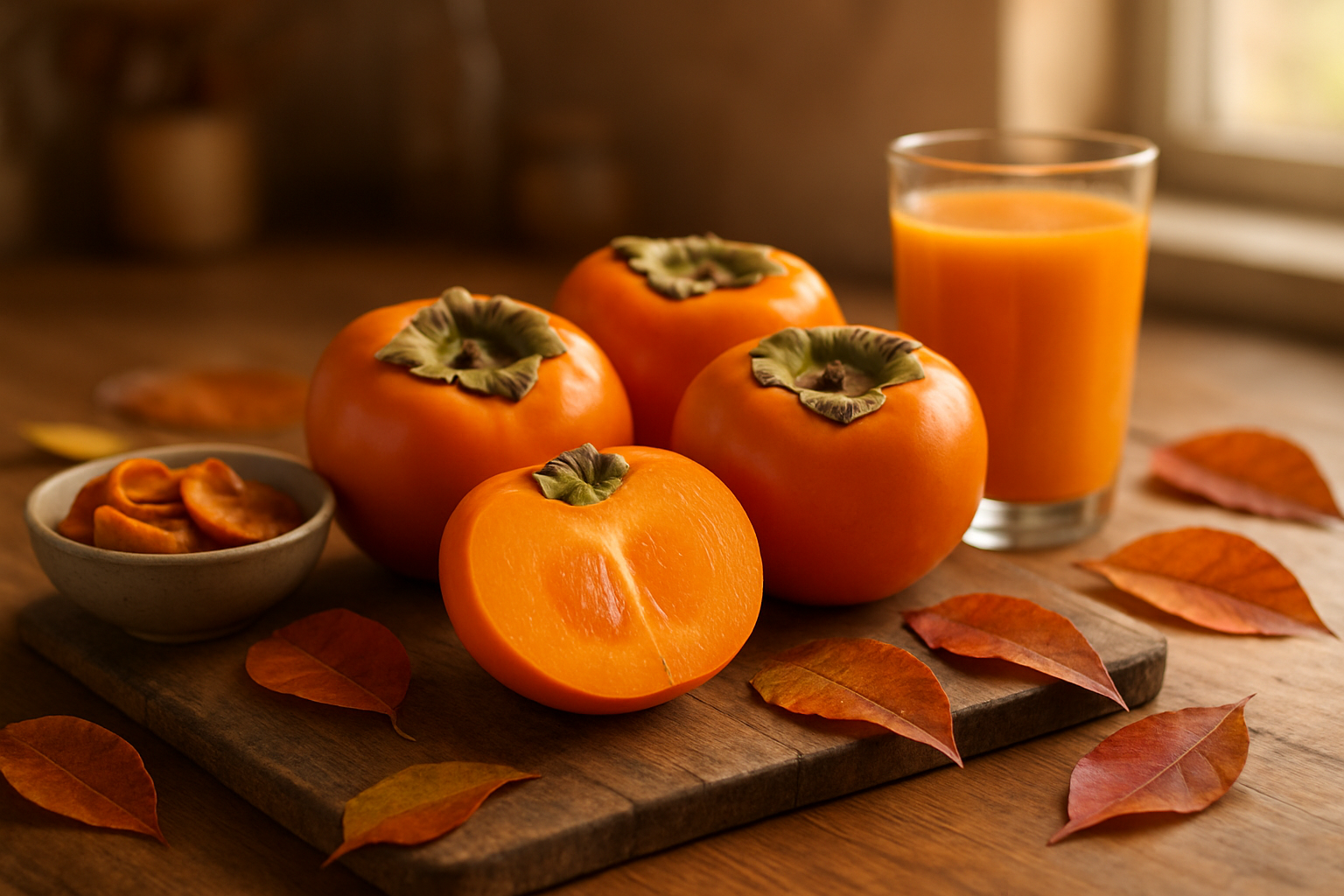 Create a realistic image of fresh, vibrant orange persimmons arranged artistically on a rustic wooden cutting board, with one persimmon sliced to show its glossy interior, surrounded by scattered persimmon leaves in autumn colors, a small bowl of dried persimmon slices, and a glass of fresh persimmon juice, all set against a warm, softly lit kitchen counter with natural sunlight streaming in from a window, creating a cozy and inviting atmosphere that celebrates the versatility and beauty of persimmons, with shallow depth of field focusing on the main fruit arrangement while keeping the background gently blurred, absolutely NO text should be in the scene.