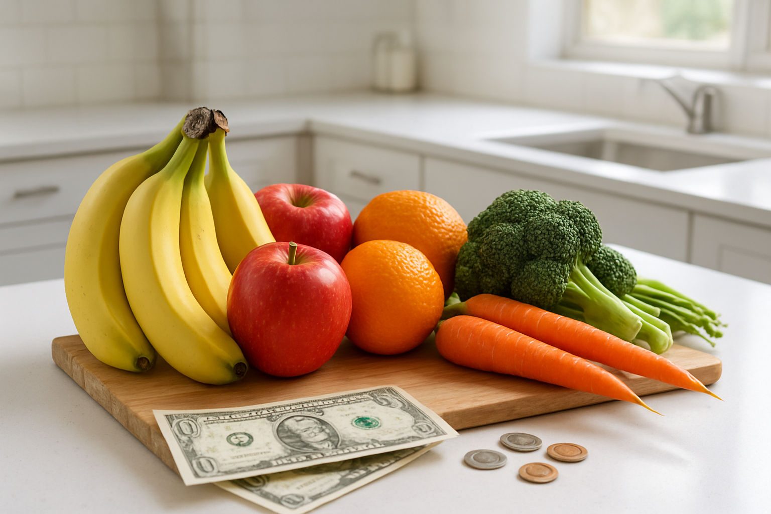 Create a realistic image of an assortment of fresh, colorful fruits including bananas, apples, oranges, carrots, and seasonal produce arranged on a clean white kitchen counter or wooden cutting board, with a few scattered coins and dollar bills nearby to emphasize affordability, bright natural lighting from a window creating soft shadows, vibrant and appealing colors that highlight the freshness and nutritional value of the fruits, clean modern kitchen background with subtle details, absolutely NO text should be in the scene.