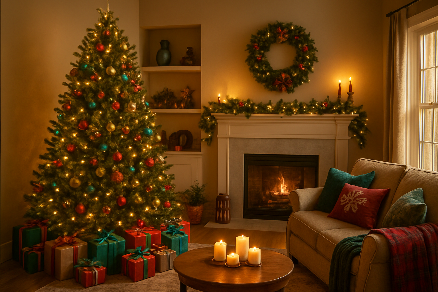 Create a realistic image of a beautifully decorated Christmas living room showcasing a harmonious blend of traditional red and green colors alongside modern alternative color schemes, featuring a large Christmas tree with mixed ornaments in classic and contemporary colors, wrapped presents in various color combinations beneath the tree, garlands and wreaths incorporating both traditional and non-traditional Christmas colors, warm ambient lighting from string lights and candles creating a cozy festive atmosphere, comfortable seating area with holiday-themed pillows and throws in diverse color palettes, and subtle cultural decorative elements from different traditions displayed on shelves and mantels, all captured in soft golden hour lighting that emphasizes the emotional warmth and psychological comfort of the holiday season, absolutely NO text should be in the scene.