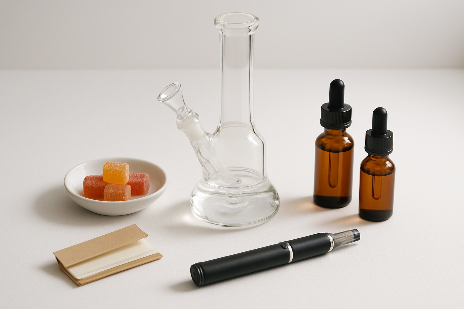 Create a realistic image of various cannabis consumption methods arranged on a clean white surface including a glass water pipe, rolling papers, a vaporizer pen, edible gummies in a small dish, and tincture bottles with droppers, with soft natural lighting from above creating gentle shadows, shot from a slightly elevated angle to showcase all items clearly, with a minimalist background and professional product photography style lighting, absolutely NO text should be in the scene.