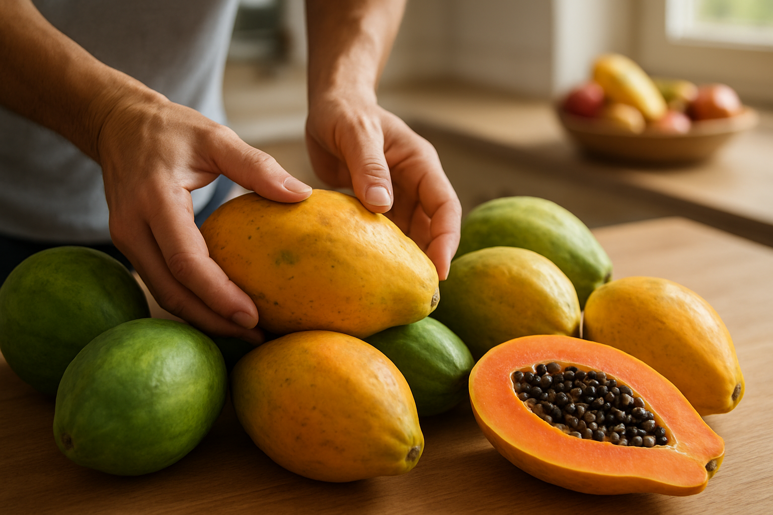 Create a realistic image of hands carefully selecting fresh papayas from a variety of whole papayas in different stages of ripeness, with some green unripe papayas and some yellow-orange ripe papayas displayed on a wooden surface, alongside a cut papaya showing the orange flesh and black seeds, with a kitchen counter background featuring a fruit bowl and natural daylight streaming through a window, creating a warm and inviting atmosphere focused on fruit selection and storage preparation, absolutely NO text should be in the scene.