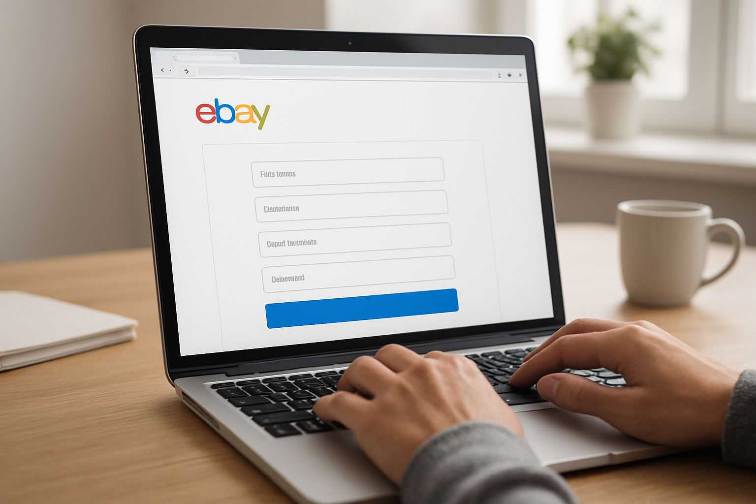Create a realistic image of a close-up view of a laptop screen displaying the eBay homepage with the sign-up section visible, showing registration form fields, with a person's hands typing on the laptop keyboard, shot from over the shoulder perspective, clean modern workspace background with soft natural lighting from a window, professional and focused atmosphere, Absolutely NO text should be in the scene.
