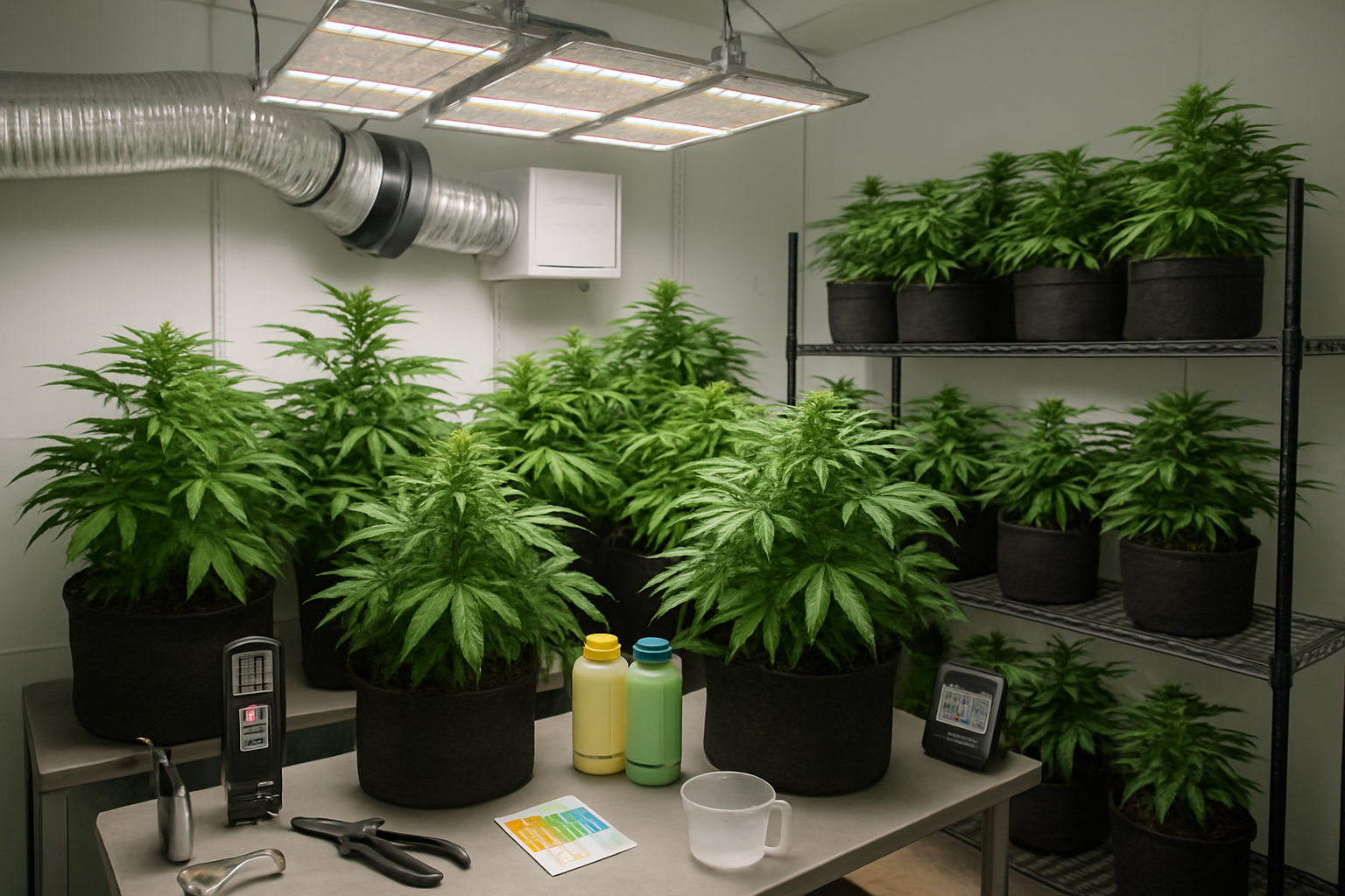 Create a realistic image of a cannabis cultivation setup showing healthy Black Gusher Runtz plants in various growth stages under professional LED grow lights, with proper ventilation systems, pH testing equipment, nutrient bottles, gardening tools, and monitoring devices arranged on tables in an indoor grow room with white walls and organized shelving, captured in bright artificial lighting that highlights the lush green foliage and professional growing environment. Absolutely NO text should be in the scene.
