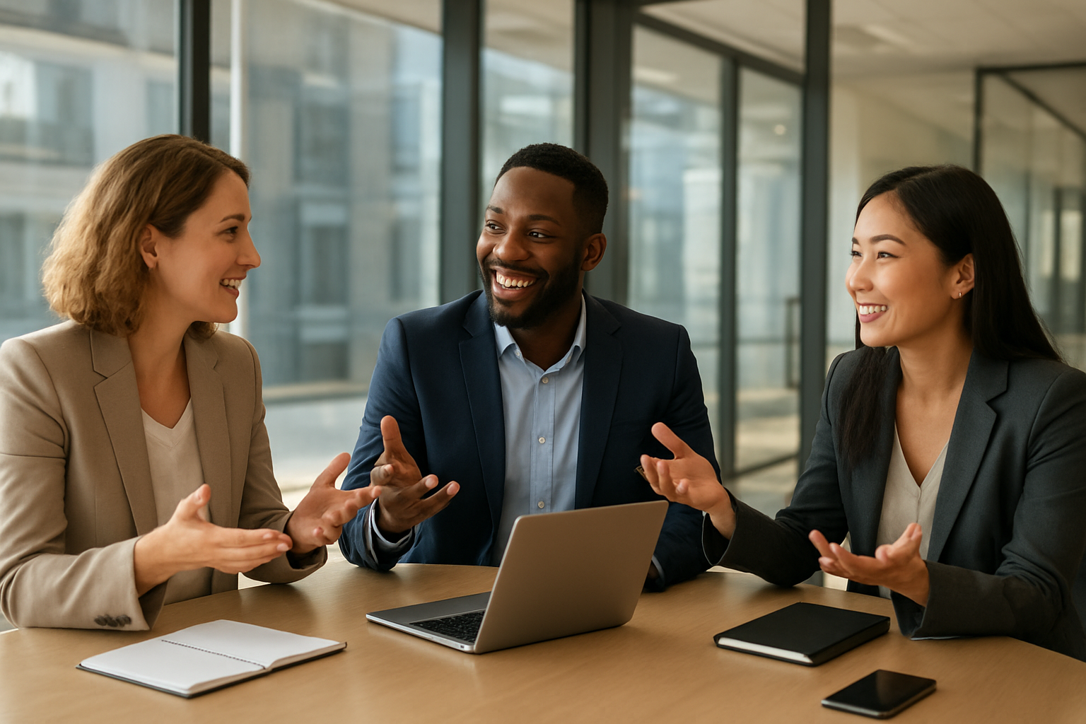 Create a realistic image of a diverse group of three professionals - one white female, one black male, and one Asian female - sitting around a modern conference table in a bright, contemporary office space, engaged in animated discussion with confident body language and gestures that suggest clear, effective communication, with natural lighting streaming through large windows, digital devices and notebooks on the table, and a background featuring glass walls and modern office architecture that conveys a sense of professional transformation and successful collaboration, with warm, optimistic lighting that creates an atmosphere of achievement and improved understanding, absolutely NO text should be in the scene.