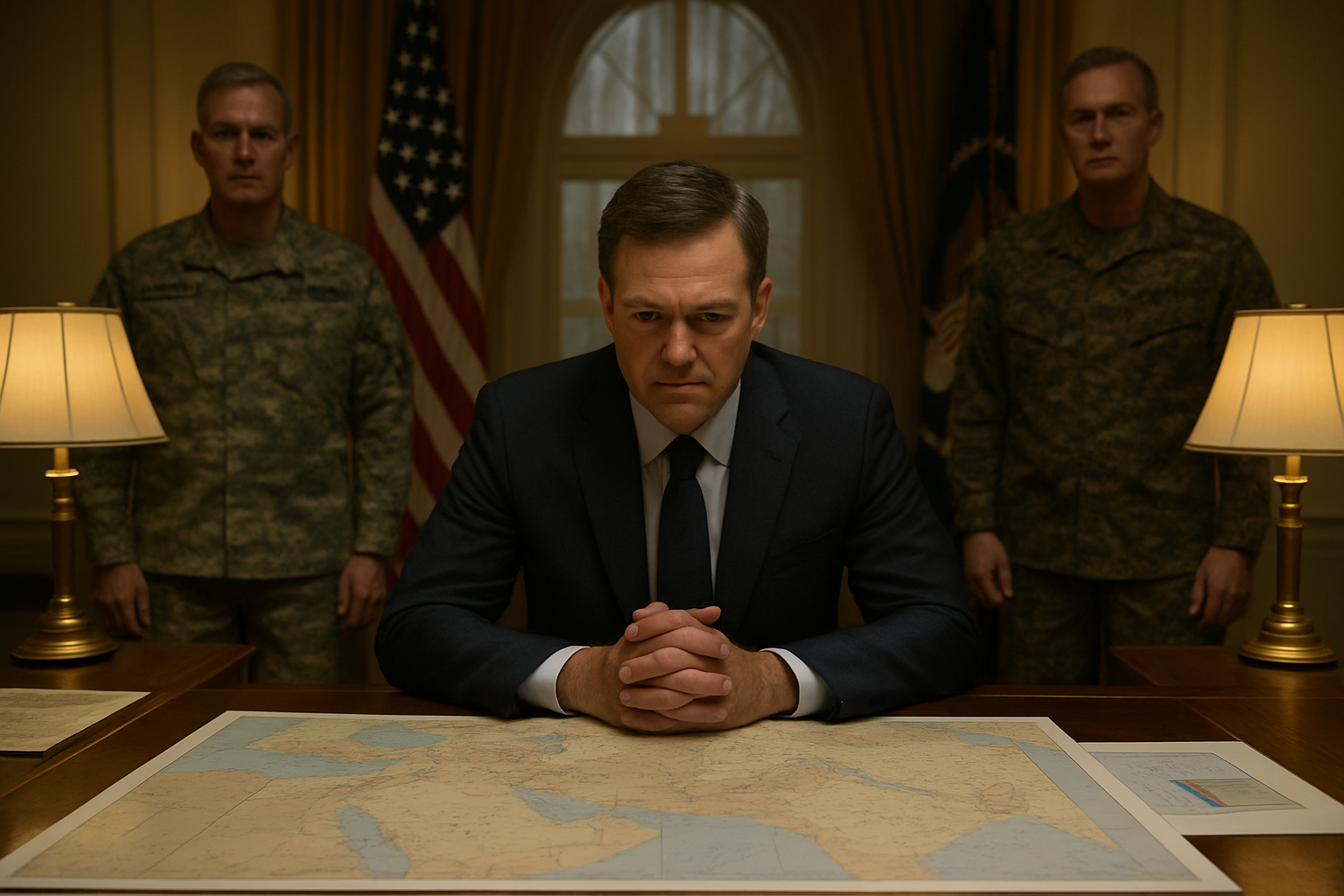 Create a realistic image of a white male political figure in a dark navy suit sitting at a polished wooden desk in an oval-shaped office, leaning forward with hands clasped while reviewing strategic documents and maps of the Middle East region, with American flags in the background, military advisors in uniform standing nearby, warm golden lighting from table lamps creating a serious governmental atmosphere, conveying tension and decision-making about international conflict, absolutely NO text should be in the scene.