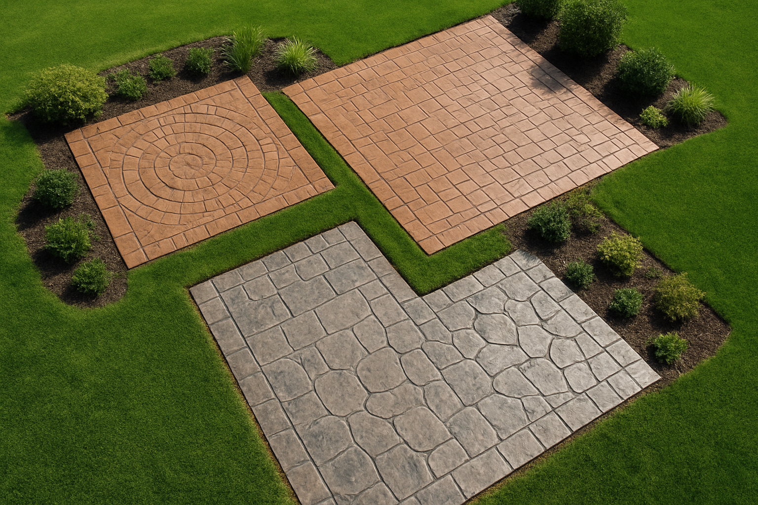 Create a realistic image of multiple stamped concrete patio configurations shown from an aerial perspective, featuring three different sized patios with distinct layout designs - a small square patio with circular stamp pattern, a medium rectangular patio with brick stamp pattern, and a large L-shaped patio with stone stamp pattern, each surrounded by manicured landscaping with green grass and decorative plants, set in a residential backyard environment with natural daylight creating soft shadows that highlight the textural details of each stamped concrete surface, absolutely NO text should be in the scene.
